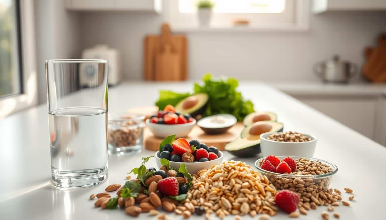 A well-lit, modern kitchen counter with an array of vegan protein sources, including a variety of nuts, seeds, and whole grains. In the foreground, a glass of water and a bowl of fresh berries, while in the middle ground, a cutting board with sliced avocado and leafy greens. The background features natural light streaming in from a nearby window, casting a warm, inviting glow over the scene. The overall composition conveys a sense of balance, health, and the essential elements of a nutritious vegan athlete's diet. A well-lit, modern kitchen counter with an array of vegan protein sources, including a variety of nuts, seeds, and whole grains. In the foreground, a glass of water and a bowl of fresh berries, while in the middle ground, a cutting board with sliced avocado and leafy greens. The background features natural light streaming in from a nearby window, casting a warm, inviting glow over the scene. The overall composition conveys a sense of balance, health, and the essential elements of a nutritious vegan athlete's diet.