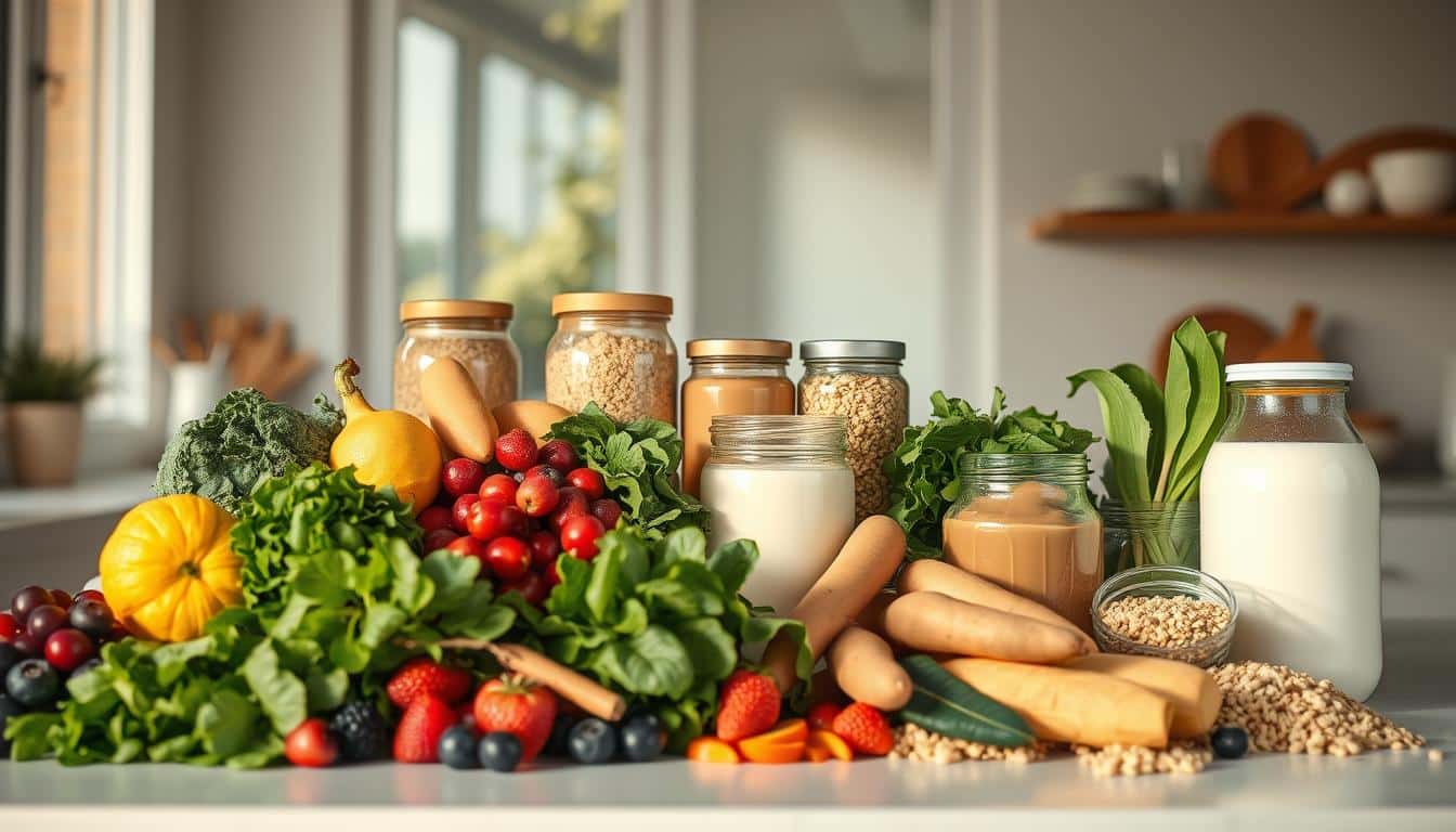 A well-stocked kitchen counter with an array of plant-based recovery foods. In the foreground, a variety of colorful fruits, vegetables, and whole grains are arranged artfully, including leafy greens, berries, sweet potatoes, and quinoa. In the middle ground, glass jars filled with nut butters, protein powders, and plant-based milk alternatives stand ready to fuel the athlete's post-workout routine. The background features natural lighting from a large window, casting a warm, inviting glow over the scene. The overall atmosphere is one of nourishment, vitality, and the holistic approach to fueling an active, plant-based lifestyle. A well-stocked kitchen counter with an array of plant-based recovery foods. In the foreground, a variety of colorful fruits, vegetables, and whole grains are arranged artfully, including leafy greens, berries, sweet potatoes, and quinoa. In the middle ground, glass jars filled with nut butters, protein powders, and plant-based milk alternatives stand ready to fuel the athlete's post-workout routine. The background features natural lighting from a large window, casting a warm, inviting glow over the scene. The overall atmosphere is one of nourishment, vitality, and the holistic approach to fueling an active, plant-based lifestyle.