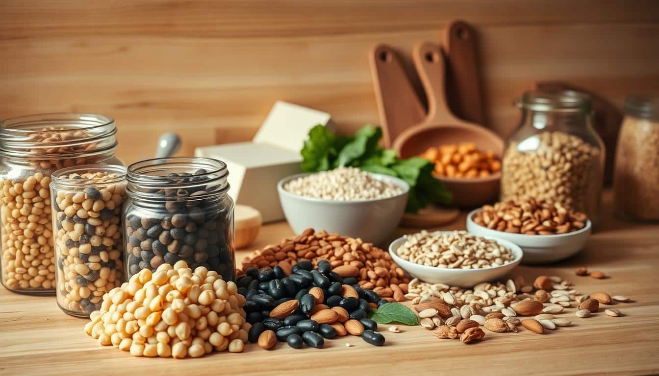A wooden kitchen counter is illuminated by warm, natural light, showcasing an array of high-protein plant-based staples. In the foreground, a variety of legumes, including lentils, chickpeas, and black beans, are neatly arranged in glass jars. In the middle ground, a bowl of quinoa sits alongside a block of tofu and a bundle of leafy greens. In the background, a selection of nuts and seeds, such as almonds, walnuts, and pumpkin seeds, are scattered across the surface, creating a visually appealing and nutritious composition. The overall scene conveys a sense of wholesome, plant-based abundance, perfect for fueling the active lifestyle of a plant-based athlete. A wooden kitchen counter is illuminated by warm, natural light, showcasing an array of high-protein plant-based staples. In the foreground, a variety of legumes, including lentils, chickpeas, and black beans, are neatly arranged in glass jars. In the middle ground, a bowl of quinoa sits alongside a block of tofu and a bundle of leafy greens. In the background, a selection of nuts and seeds, such as almonds, walnuts, and pumpkin seeds, are scattered across the surface, creating a visually appealing and nutritious composition. The overall scene conveys a sense of wholesome, plant-based abundance, perfect for fueling the active lifestyle of a plant-based athlete.