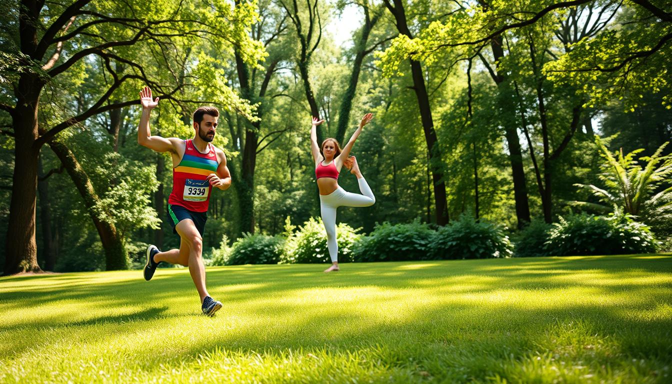 Vibrant athletes performing dynamic plant-based exercises in a lush, sun-dappled outdoor setting. In the foreground, a muscular marathoner effortlessly strides across a verdant lawn, fueled by a rainbow of whole foods. In the middle ground, a lithe yogi balances gracefully on one leg, radiant energy emanating from their plant-based diet. The background features a verdant forest canopy, creating a warm, natural ambiance. Crisp, high-resolution photography, using a wide-angle lens to capture the scene's expansive feel. The overall mood is one of vitality, wellness, and the power of plant-based nutrition to fuel elite athletic performance. Vibrant athletes performing dynamic plant-based exercises in a lush, sun-dappled outdoor setting. In the foreground, a muscular marathoner effortlessly strides across a verdant lawn, fueled by a rainbow of whole foods. In the middle ground, a lithe yogi balances gracefully on one leg, radiant energy emanating from their plant-based diet. The background features a verdant forest canopy, creating a warm, natural ambiance. Crisp, high-resolution photography, using a wide-angle lens to capture the scene's expansive feel. The overall mood is one of vitality, wellness, and the power of plant-based nutrition to fuel elite athletic performance.