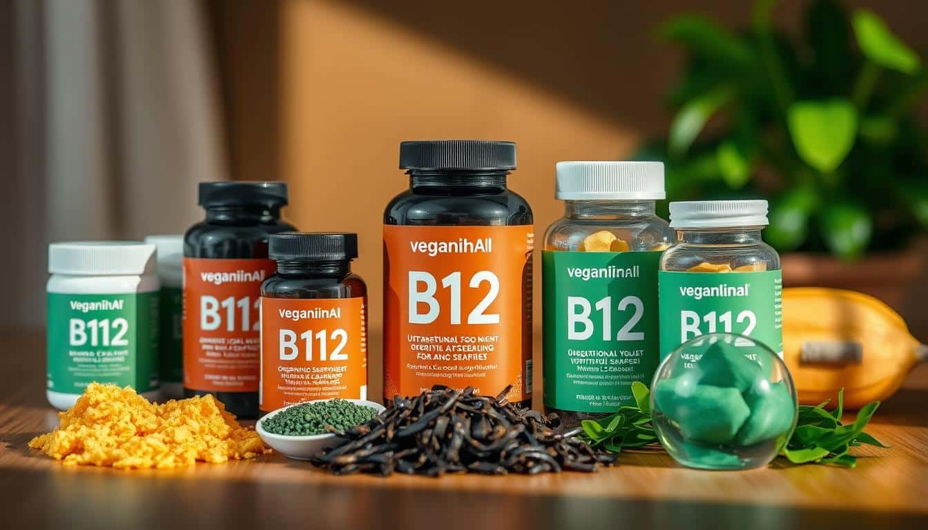 a close-up photograph of a collection of vitamin b12 supplements and organic superfoods, such as nutritional yeast, spirulina, and seaweed, arranged on a wooden table with warm natural lighting. the supplements are neatly displayed, highlighting their vibrant colors and textures. the background is slightly blurred, creating a sense of depth and focus on the central subject. the overall mood is warm, inviting, and emphasizes the importance of vitamin b12 for vegan athletes' nutrition and performance. a close-up photograph of a collection of vitamin b12 supplements and organic superfoods, such as nutritional yeast, spirulina, and seaweed, arranged on a wooden table with warm natural lighting. the supplements are neatly displayed, highlighting their vibrant colors and textures. the background is slightly blurred, creating a sense of depth and focus on the central subject. the overall mood is warm, inviting, and emphasizes the importance of vitamin b12 for vegan athletes' nutrition and performance.