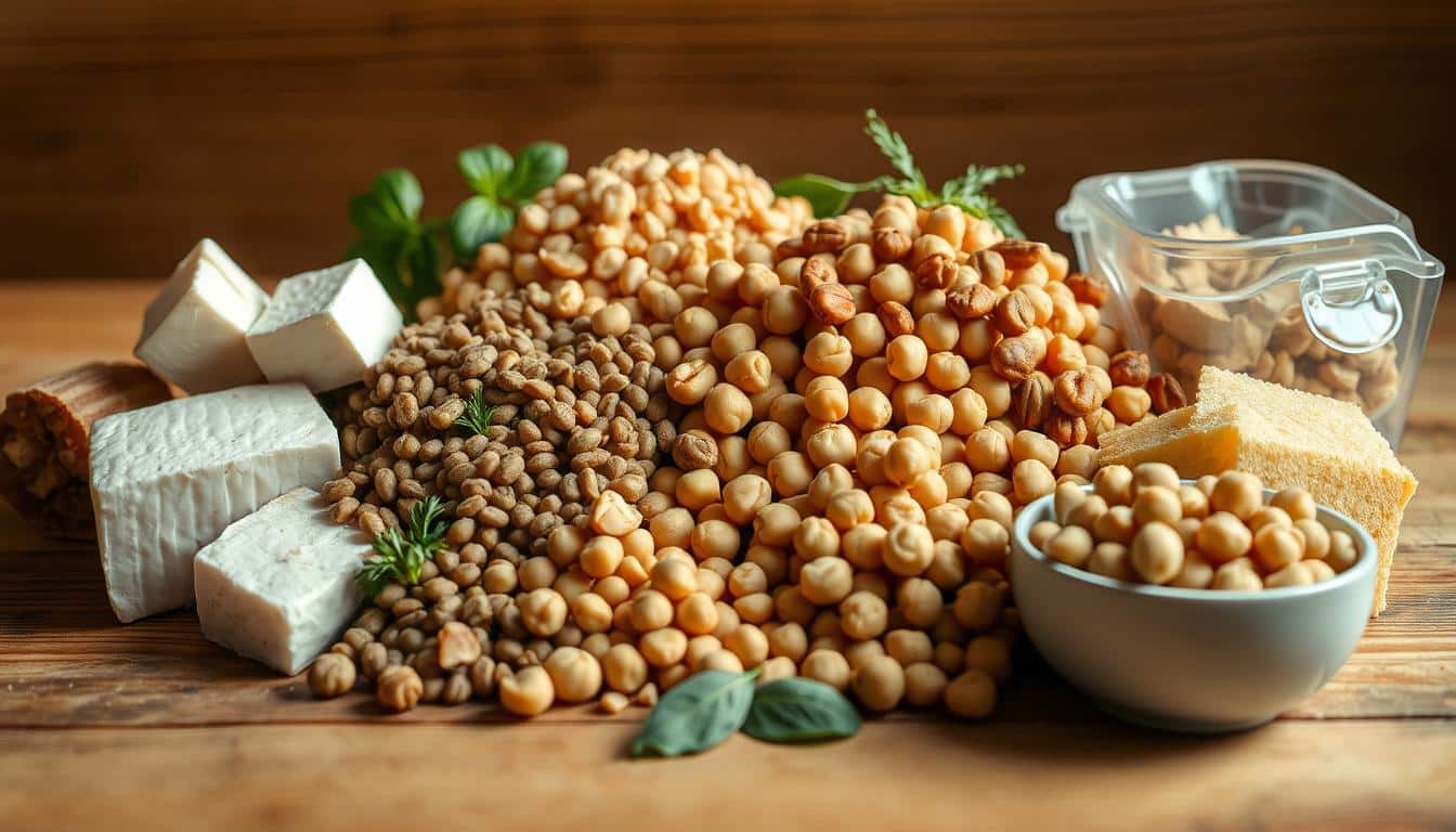 a close-up shot of various high-protein vegan foods, including tofu, tempeh, lentils, chickpeas, and nuts, arranged artfully on a wooden table with natural lighting, creating a warm and inviting atmosphere. The image should have a soft, natural focus, emphasizing the textures and colors of the ingredients to convey the abundance and nutritional value of plant-based protein sources. The composition should be balanced and visually appealing, showcasing the diversity of vegan protein options available to athletes. a close-up shot of various high-protein vegan foods, including tofu, tempeh, lentils, chickpeas, and nuts, arranged artfully on a wooden table with natural lighting, creating a warm and inviting atmosphere. The image should have a soft, natural focus, emphasizing the textures and colors of the ingredients to convey the abundance and nutritional value of plant-based protein sources. The composition should be balanced and visually appealing, showcasing the diversity of vegan protein options available to athletes.