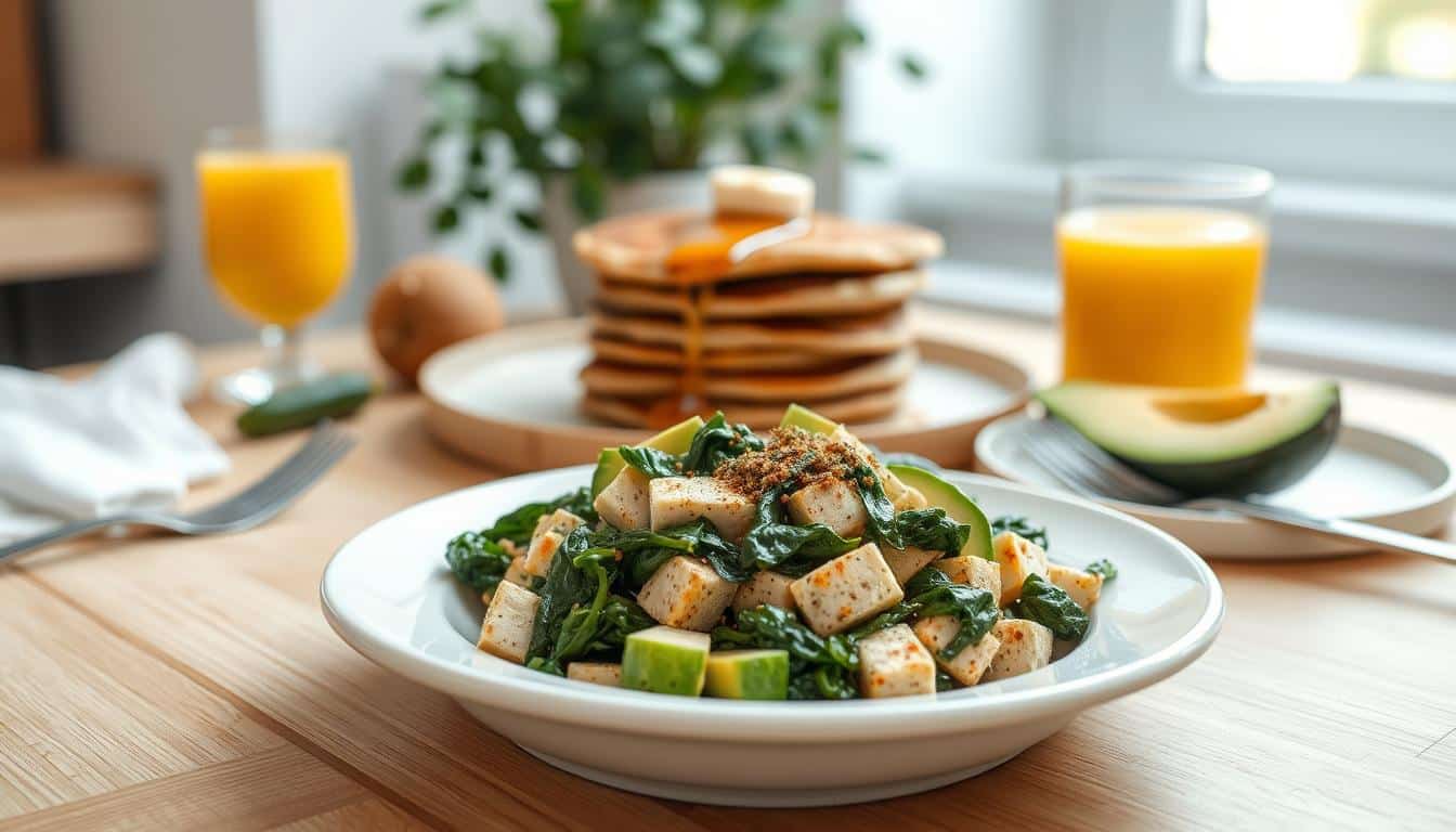 a plate of healthy vegetarian breakfast with protein-rich ingredients, arranged neatly on a wooden table. in the foreground, a bowl of scrambled tofu with sautéed spinach, garnished with sliced avocado and a sprinkle of herbs. in the middle ground, a stack of wholegrain pancakes drizzled with maple syrup, accompanied by a glass of freshly squeezed orange juice. in the background, a potted plant and natural lighting create a warm, inviting atmosphere. the image should have a soft, natural focus, captured with a wide-angle lens to showcase the entire scene. the overall mood should be calm, appetizing, and inspire a sense of nourishment. a plate of healthy vegetarian breakfast with protein-rich ingredients, arranged neatly on a wooden table. in the foreground, a bowl of scrambled tofu with sautéed spinach, garnished with sliced avocado and a sprinkle of herbs. in the middle ground, a stack of wholegrain pancakes drizzled with maple syrup, accompanied by a glass of freshly squeezed orange juice. in the background, a potted plant and natural lighting create a warm, inviting atmosphere. the image should have a soft, natural focus, captured with a wide-angle lens to showcase the entire scene. the overall mood should be calm, appetizing, and inspire a sense of nourishment.