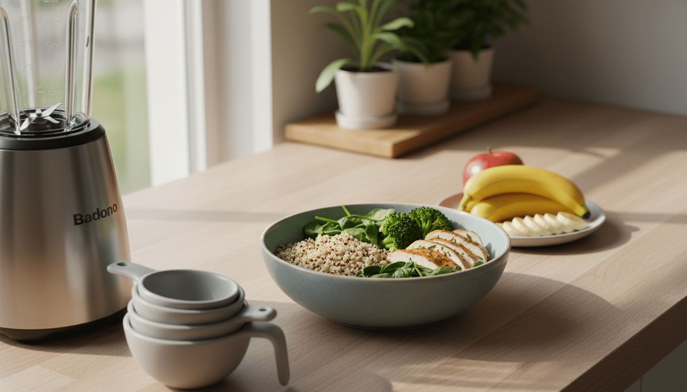A close-up view of a healthy meal prepped for a workout, showcasing a colorful bowl filled with light, easy-to-digest foods like steamed greens, quinoa, and grilled chicken, with a side of bright, fresh fruits like bananas and apples. In the foreground, emphasize a clean, well-organized kitchen countertop with natural lighting filtering through a nearby window, casting soft shadows. In the middle ground, place a sleek, modern blender and measuring cups, portraying a sense of preparation and care in meal selection. In the background, soft greenery from potted plants creates a warm and inviting atmosphere, suggesting a holistic approach to nutrition. The composition should evoke a sense of balance and well-being, with harmonious colors and natural textures, inviting the viewer to reconsider their pre-workout food choices. A close-up view of a healthy meal prepped for a workout, showcasing a colorful bowl filled with light, easy-to-digest foods like steamed greens, quinoa, and grilled chicken, with a side of bright, fresh fruits like bananas and apples. In the foreground, emphasize a clean, well-organized kitchen countertop with natural lighting filtering through a nearby window, casting soft shadows. In the middle ground, place a sleek, modern blender and measuring cups, portraying a sense of preparation and care in meal selection. In the background, soft greenery from potted plants creates a warm and inviting atmosphere, suggesting a holistic approach to nutrition. The composition should evoke a sense of balance and well-being, with harmonious colors and natural textures, inviting the viewer to reconsider their pre-workout food choices.