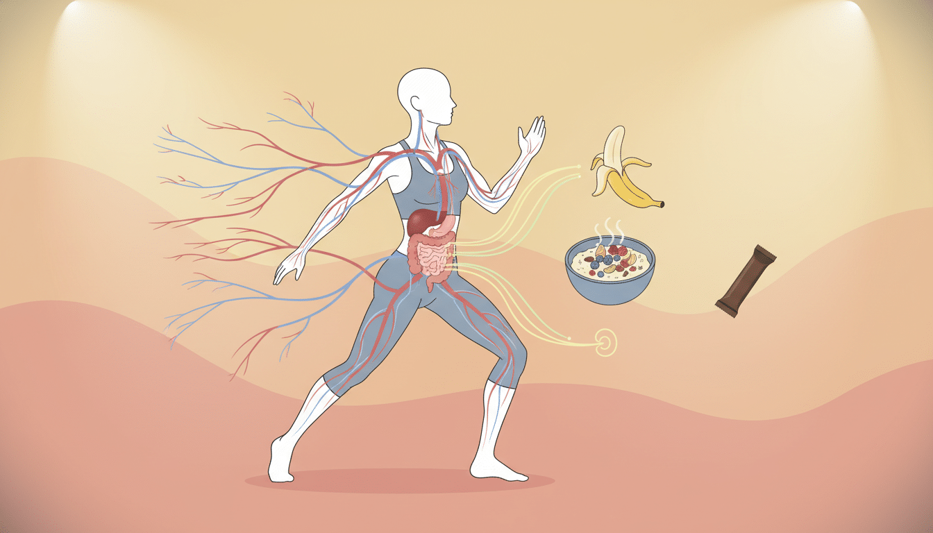 A detailed, anatomical illustration showcasing the effects of food on digestion and blood flow before a workout. In the foreground, a human figure is depicted in modest athletic clothing, with vibrant, flowing lines representing the movement of blood through major veins and arteries. In the middle, an array of common pre-workout foods like bananas, oatmeal, and protein bars is artistically arranged, highlighting their impact on digestion. The background features a soft, warm gradient of colors symbolizing energy and vitality, with gentle spotlighting to enhance the focus on the figure and foods. The atmosphere conveys a sense of health and awareness, inviting viewers to consider the relationship between diet and exercise performance. A detailed, anatomical illustration showcasing the effects of food on digestion and blood flow before a workout. In the foreground, a human figure is depicted in modest athletic clothing, with vibrant, flowing lines representing the movement of blood through major veins and arteries. In the middle, an array of common pre-workout foods like bananas, oatmeal, and protein bars is artistically arranged, highlighting their impact on digestion. The background features a soft, warm gradient of colors symbolizing energy and vitality, with gentle spotlighting to enhance the focus on the figure and foods. The atmosphere conveys a sense of health and awareness, inviting viewers to consider the relationship between diet and exercise performance.
