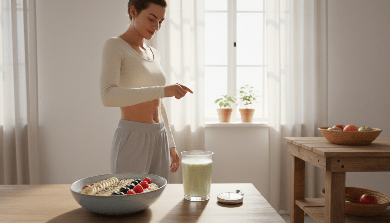A sunlit kitchen scene showcasing a healthy pre-workout meal preparation. In the foreground, a vibrant, colorful bowl filled with oatmeal topped with fresh fruits like bananas and berries, accompanied by a protein shake in a clear glass. In the middle ground, a person in modest casual attire, focused on timing their meal with a stopwatch, radiates determination and energy. The background features warm light streaming through a window, casting soft shadows and creating a cozy atmosphere. Natural elements like potted herbs and a fruit basket enhance the inviting feel. The mood is lively and encouraging, embodying the transition from meal to workout, emphasizing the importance of timing. A sunlit kitchen scene showcasing a healthy pre-workout meal preparation. In the foreground, a vibrant, colorful bowl filled with oatmeal topped with fresh fruits like bananas and berries, accompanied by a protein shake in a clear glass. In the middle ground, a person in modest casual attire, focused on timing their meal with a stopwatch, radiates determination and energy. The background features warm light streaming through a window, casting soft shadows and creating a cozy atmosphere. Natural elements like potted herbs and a fruit basket enhance the inviting feel. The mood is lively and encouraging, embodying the transition from meal to workout, emphasizing the importance of timing.