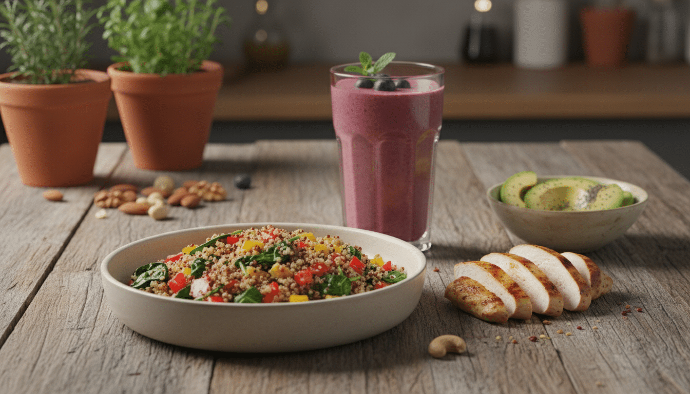 A beautifully arranged meal featuring carbohydrates, proteins, and fats, set on a rustic wooden table. In the foreground, a colorful bowl of quinoa is flanked by vibrant vegetables like bell peppers and spinach, alongside grilled chicken breast slices reflecting a golden hue. A small dish of avocado serves as a rich source of healthy fat. In the middle ground, a glass of blended berry smoothie, rich in antioxidants, sits next to a handful of mixed nuts for added crunch. The background features soft-focus kitchen elements, like herbs in pots and warm kitchen lighting, creating an inviting atmosphere. The image captures a fresh, wholesome vibe, perfect for pre-workout nutrition, shot with a shallow depth of field to emphasize the meal's textures and colors. A beautifully arranged meal featuring carbohydrates, proteins, and fats, set on a rustic wooden table. In the foreground, a colorful bowl of quinoa is flanked by vibrant vegetables like bell peppers and spinach, alongside grilled chicken breast slices reflecting a golden hue. A small dish of avocado serves as a rich source of healthy fat. In the middle ground, a glass of blended berry smoothie, rich in antioxidants, sits next to a handful of mixed nuts for added crunch. The background features soft-focus kitchen elements, like herbs in pots and warm kitchen lighting, creating an inviting atmosphere. The image captures a fresh, wholesome vibe, perfect for pre-workout nutrition, shot with a shallow depth of field to emphasize the meal's textures and colors.