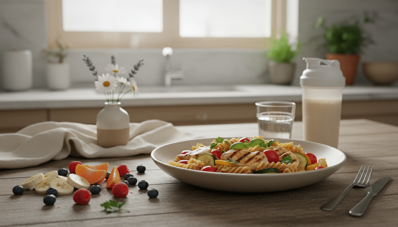 A beautifully arranged pre-event meal featuring a wholesome spread on a rustic wooden table. In the foreground, vibrant whole grain pasta with fresh vegetables and lean protein, garnished with herbs. Beside it, colorful fruits like bananas, berries, and oranges artfully scattered, alongside a glass of water and a protein shake. In the middle ground, a soft natural linen tablecloth adds warmth, with a small vase of wildflowers enhancing the inviting atmosphere. The background features a softly lit kitchen scene with warm sunlight filtering through a window, casting a gentle glow on the food. The lens captures a close-up shot, focusing on the delightful textures and colors of the meal, conveying a sense of comfort and energy-boosting nourishment ideal for athletes. A beautifully arranged pre-event meal featuring a wholesome spread on a rustic wooden table. In the foreground, vibrant whole grain pasta with fresh vegetables and lean protein, garnished with herbs. Beside it, colorful fruits like bananas, berries, and oranges artfully scattered, alongside a glass of water and a protein shake. In the middle ground, a soft natural linen tablecloth adds warmth, with a small vase of wildflowers enhancing the inviting atmosphere. The background features a softly lit kitchen scene with warm sunlight filtering through a window, casting a gentle glow on the food. The lens captures a close-up shot, focusing on the delightful textures and colors of the meal, conveying a sense of comfort and energy-boosting nourishment ideal for athletes.