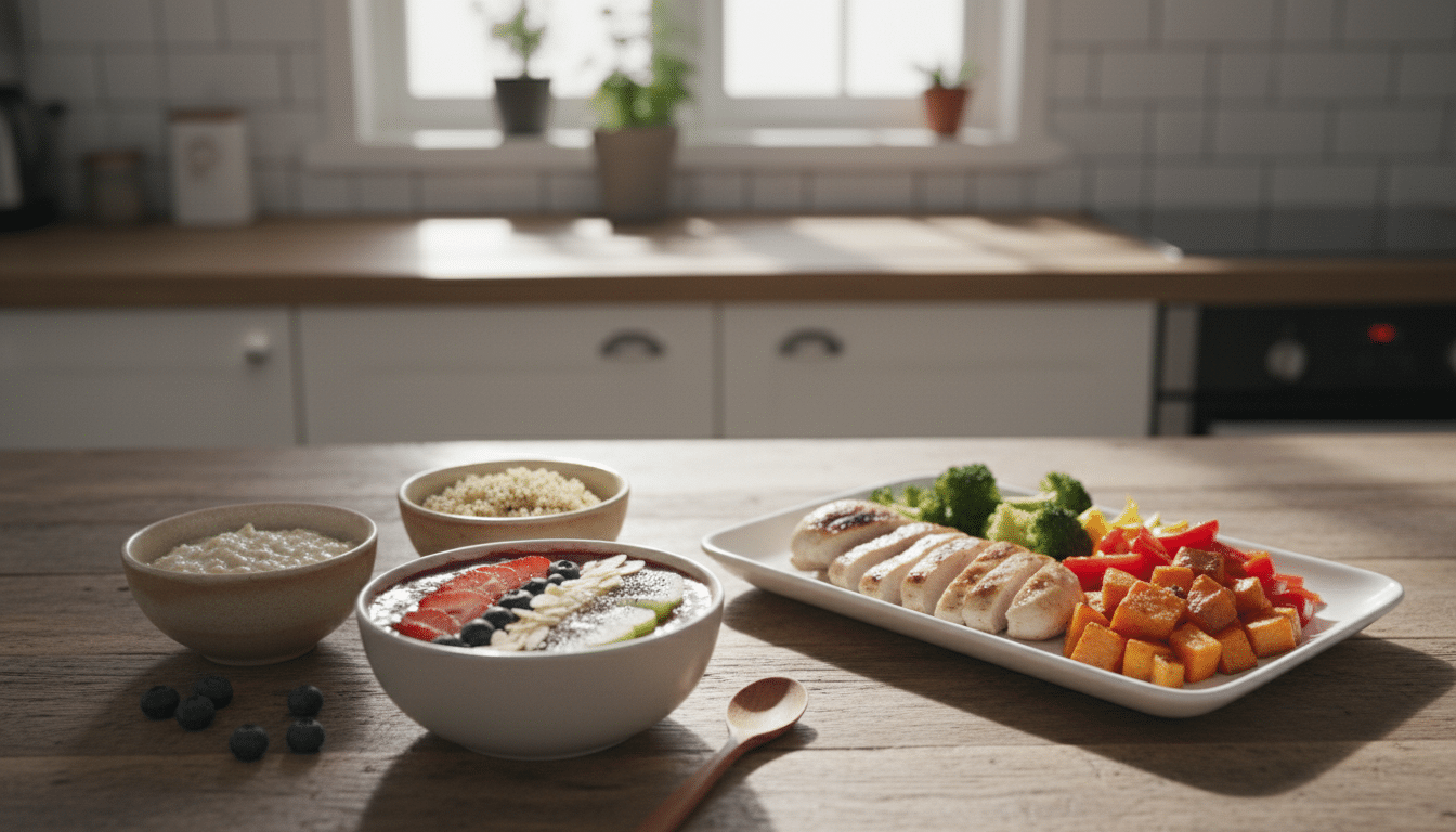 A beautifully arranged pre-workout meal display on a rustic wooden table. In the foreground, a vibrant smoothie bowl topped with fresh fruits, nuts, and seeds is artistically decorated with a spoon beside it. Beside the bowl, there are whole grains like oatmeal and quinoa in small, charming bowls. In the middle ground, a selection of colorful vegetables and a protein source, such as grilled chicken or tofu, can be seen, artfully plated to invite appetite. The background features a softly lit kitchen, with natural sunlight streaming through a window, creating a warm and inviting atmosphere. The scene conveys a sense of health and vitality, emphasizing the importance of nutritious meals for strength training performance. The angle is slightly above the table level, capturing the arrangement invitingly. A beautifully arranged pre-workout meal display on a rustic wooden table. In the foreground, a vibrant smoothie bowl topped with fresh fruits, nuts, and seeds is artistically decorated with a spoon beside it. Beside the bowl, there are whole grains like oatmeal and quinoa in small, charming bowls. In the middle ground, a selection of colorful vegetables and a protein source, such as grilled chicken or tofu, can be seen, artfully plated to invite appetite. The background features a softly lit kitchen, with natural sunlight streaming through a window, creating a warm and inviting atmosphere. The scene conveys a sense of health and vitality, emphasizing the importance of nutritious meals for strength training performance. The angle is slightly above the table level, capturing the arrangement invitingly.
