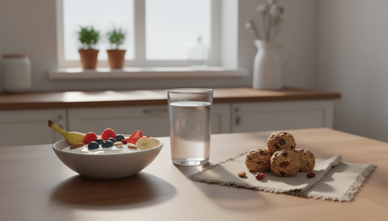 A beautifully arranged wooden kitchen table featuring a colorful spread of fast-digesting pre-workout snacks. In the foreground, a small bowl of yogurt topped with fresh berries, a banana sliced in half, and a handful of almonds create a visually appealing contrast. The middle ground includes a glass of coconut water and oatmeal energy bites neatly placed on a rustic cloth. In the background, a softly lit kitchen with warm, inviting tones showcases natural light streaming through a window, illuminating the snacks. The overall mood exudes warmth and health, with a focus on nutritious energy-boosting foods ideal for pre-workout fuel. The angle captures the essence of a homely kitchen environment, emphasizing simplicity and readiness for an active lifestyle. A beautifully arranged wooden kitchen table featuring a colorful spread of fast-digesting pre-workout snacks. In the foreground, a small bowl of yogurt topped with fresh berries, a banana sliced in half, and a handful of almonds create a visually appealing contrast. The middle ground includes a glass of coconut water and oatmeal energy bites neatly placed on a rustic cloth. In the background, a softly lit kitchen with warm, inviting tones showcases natural light streaming through a window, illuminating the snacks. The overall mood exudes warmth and health, with a focus on nutritious energy-boosting foods ideal for pre-workout fuel. The angle captures the essence of a homely kitchen environment, emphasizing simplicity and readiness for an active lifestyle.