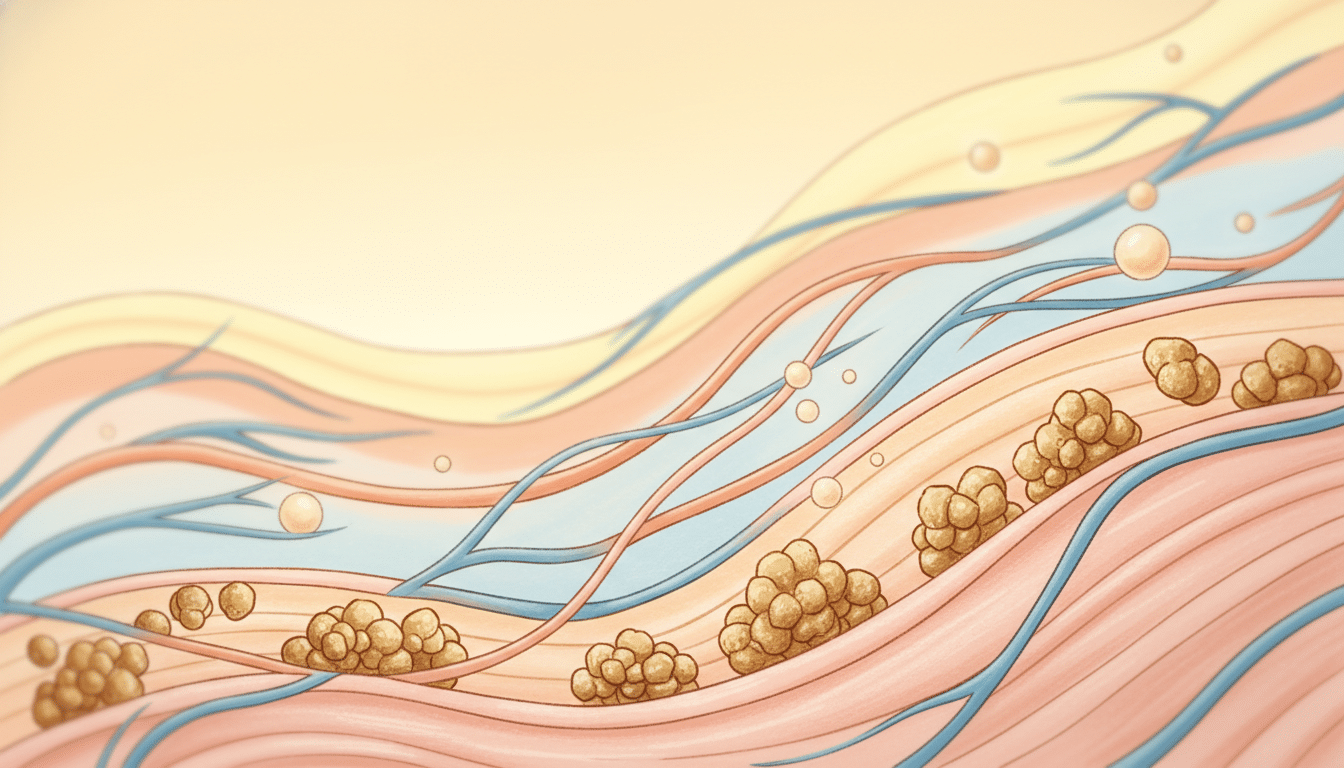 A close-up illustration of glycogen stores within muscles, depicted as a vibrant, detailed representation. In the foreground, show a cross-section of muscle tissue with highlighted glycogen granules, appearing as small, golden-brown particles nestled within the muscle fibers. The middle ground features a subtle depiction of blood vessels, illustrating the interaction between glycogen and nutrients. In the background, softly blurred shapes symbolize energy flowing through the body, enhancing the sense of movement and vitality. The lighting should be warm and inviting, casting a gentle glow over the scene, reminiscent of a sunny day. The atmosphere is both scientific and natural, inviting viewers to connect with the importance of glycogen in exercise performance and comfort. A close-up illustration of glycogen stores within muscles, depicted as a vibrant, detailed representation. In the foreground, show a cross-section of muscle tissue with highlighted glycogen granules, appearing as small, golden-brown particles nestled within the muscle fibers. The middle ground features a subtle depiction of blood vessels, illustrating the interaction between glycogen and nutrients. In the background, softly blurred shapes symbolize energy flowing through the body, enhancing the sense of movement and vitality. The lighting should be warm and inviting, casting a gentle glow over the scene, reminiscent of a sunny day. The atmosphere is both scientific and natural, inviting viewers to connect with the importance of glycogen in exercise performance and comfort.