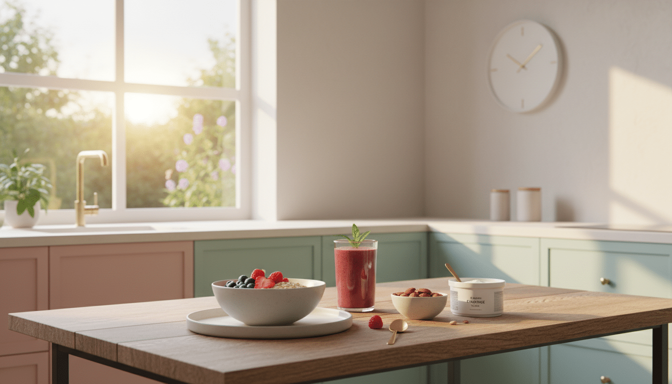 A cozy kitchen filled with natural light during the golden hour, showcasing a beautifully set table for a nutritious pre-workout meal. In the foreground, a plate featuring a balanced meal of oatmeal topped with fresh berries and a smoothie. In the middle, an elegantly styled clock on the wall indicates an early morning time. Fresh fruits and energy-boosting snacks like nuts and yogurt are artfully arranged around the table. In the background, a large window reveals a sunny outdoor scene, emphasizing the start of a vibrant day. Soft, warm lighting enhances the inviting atmosphere, creating a sense of comfort and readiness for early workout sessions. The entire composition radiates warmth and encouragement, encouraging healthy meal planning. A cozy kitchen filled with natural light during the golden hour, showcasing a beautifully set table for a nutritious pre-workout meal. In the foreground, a plate featuring a balanced meal of oatmeal topped with fresh berries and a smoothie. In the middle, an elegantly styled clock on the wall indicates an early morning time. Fresh fruits and energy-boosting snacks like nuts and yogurt are artfully arranged around the table. In the background, a large window reveals a sunny outdoor scene, emphasizing the start of a vibrant day. Soft, warm lighting enhances the inviting atmosphere, creating a sense of comfort and readiness for early workout sessions. The entire composition radiates warmth and encouragement, encouraging healthy meal planning.