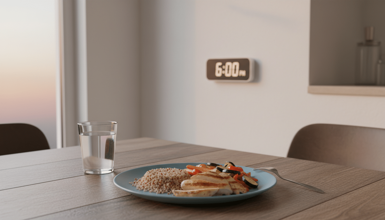 A cozy kitchen setting during the evening, illuminated by warm, soft lighting. In the foreground, a well-prepared pre-workout meal sits on a wooden dining table, featuring a colorful plate of grilled chicken, quinoa, and roasted vegetables, with a glass of water beside it. In the middle ground, a digital clock on the wall displays the time as 6:00 PM, emphasizing the evening workout theme. The background reveals a window with a sunset glow, creating a natural ambiance. The overall atmosphere feels inviting and motivating, encouraging healthy eating for evening training. The scene captures a sense of preparation and focus, ideal for athletes gearing up for their workout. A cozy kitchen setting during the evening, illuminated by warm, soft lighting. In the foreground, a well-prepared pre-workout meal sits on a wooden dining table, featuring a colorful plate of grilled chicken, quinoa, and roasted vegetables, with a glass of water beside it. In the middle ground, a digital clock on the wall displays the time as 6:00 PM, emphasizing the evening workout theme. The background reveals a window with a sunset glow, creating a natural ambiance. The overall atmosphere feels inviting and motivating, encouraging healthy eating for evening training. The scene captures a sense of preparation and focus, ideal for athletes gearing up for their workout.