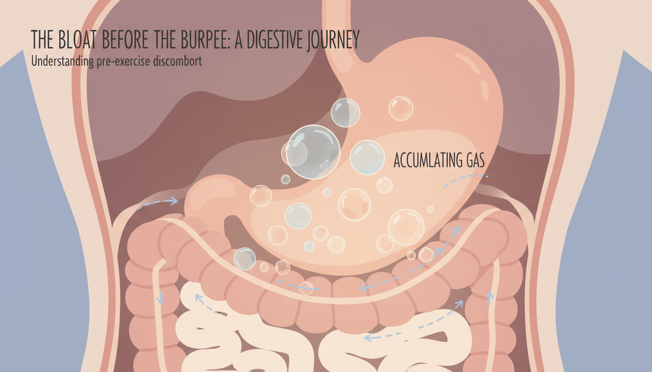 A detailed cross-sectional illustration of the human digestive system, prominently featuring gas bubbles accumulating in the stomach and intestines. The foreground includes a clear view of the stomach with playful, vibrant gas bubbles, depicted in varying sizes to illustrate bloating. The middle layer shows the intestines with soft, organic curves, showcasing how gas travels through them. The background is subtly blurred, representing the surrounding body tissues in muted colors. Soft, warm lighting highlights the processes within, creating a natural and inviting atmosphere. A slight top-down angle provides depth and helps viewers understand the digestive processes. The overall mood should evoke curiosity and educational intrigue about how bloating occurs before exercise. A detailed cross-sectional illustration of the human digestive system, prominently featuring gas bubbles accumulating in the stomach and intestines. The foreground includes a clear view of the stomach with playful, vibrant gas bubbles, depicted in varying sizes to illustrate bloating. The middle layer shows the intestines with soft, organic curves, showcasing how gas travels through them. The background is subtly blurred, representing the surrounding body tissues in muted colors. Soft, warm lighting highlights the processes within, creating a natural and inviting atmosphere. A slight top-down angle provides depth and helps viewers understand the digestive processes. The overall mood should evoke curiosity and educational intrigue about how bloating occurs before exercise.