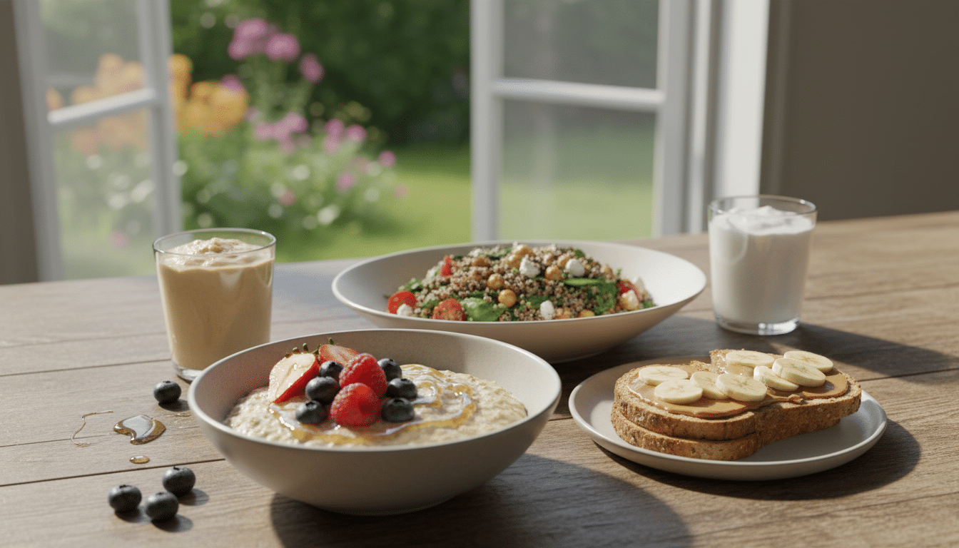A diverse assortment of pre-workout meals ideal for endurance training displayed on a rustic wooden table. In the foreground, a colorful bowl of oatmeal topped with berries and drizzled with honey, alongside whole grain toast with almond butter and slices of banana. In the middle, a plate featuring a quinoa salad with cherry tomatoes, spinach, chickpeas, and a sprinkle of feta cheese. A glass of coconut water and a banana smoothie is in the background, reflecting a warm morning light. The scene feels inviting and vibrant, with soft natural lighting casting gentle shadows, and a blurred garden view through an open window, creating a wholesome, energizing atmosphere. A diverse assortment of pre-workout meals ideal for endurance training displayed on a rustic wooden table. In the foreground, a colorful bowl of oatmeal topped with berries and drizzled with honey, alongside whole grain toast with almond butter and slices of banana. In the middle, a plate featuring a quinoa salad with cherry tomatoes, spinach, chickpeas, and a sprinkle of feta cheese. A glass of coconut water and a banana smoothie is in the background, reflecting a warm morning light. The scene feels inviting and vibrant, with soft natural lighting casting gentle shadows, and a blurred garden view through an open window, creating a wholesome, energizing atmosphere.