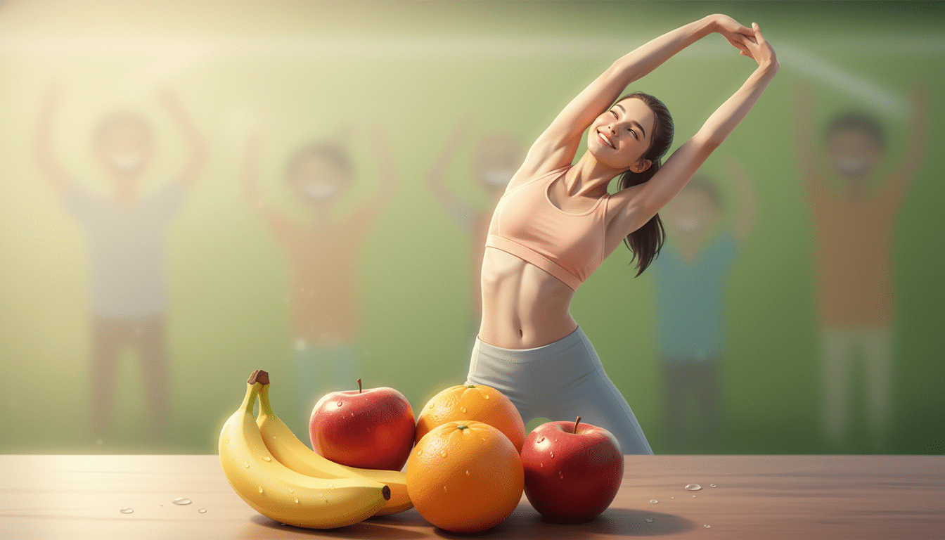 A dynamic composition showcasing the concept of "energy" tailored for youth athletes. In the foreground, vibrant, colorful fruits like bananas, apples, and oranges are arranged neatly on a wooden table, glistening with droplets of water. The middle ground features a young athlete stretching, dressed in modest athletic wear, exuding enthusiasm and focus. Soft, warm sunlight filters in from the side, casting gentle shadows and creating a natural glow around the scene. In the background, a blurred view of a sports field with faint outlines of cheering spectators enhances the atmosphere of excitement and preparation. The overall mood is lively, motivational, and inviting, illustrating the idea of fueling the body with healthy, energizing meals before practice or a game. A dynamic composition showcasing the concept of "energy" tailored for youth athletes. In the foreground, vibrant, colorful fruits like bananas, apples, and oranges are arranged neatly on a wooden table, glistening with droplets of water. The middle ground features a young athlete stretching, dressed in modest athletic wear, exuding enthusiasm and focus. Soft, warm sunlight filters in from the side, casting gentle shadows and creating a natural glow around the scene. In the background, a blurred view of a sports field with faint outlines of cheering spectators enhances the atmosphere of excitement and preparation. The overall mood is lively, motivational, and inviting, illustrating the idea of fueling the body with healthy, energizing meals before practice or a game.