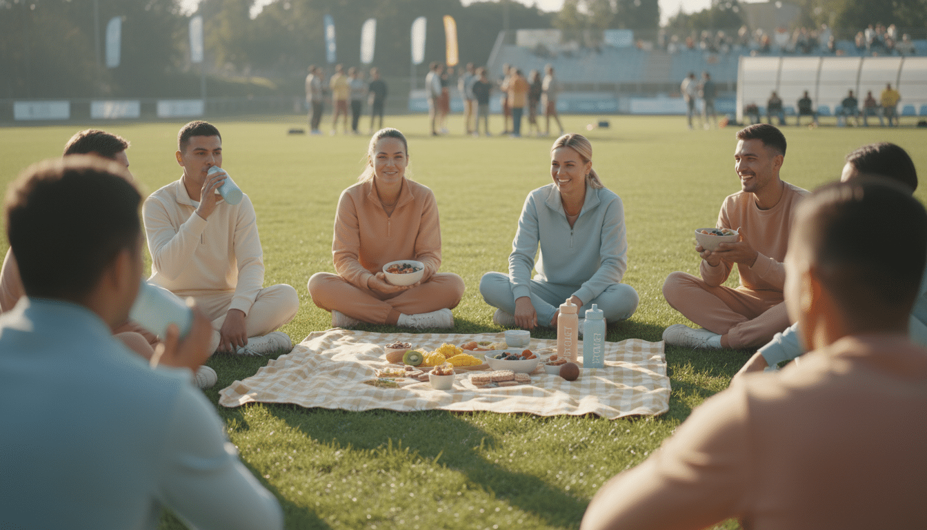A dynamic scene capturing the essence of "sports energy" on a tournament day. In the foreground, a diverse group of athletes in modest casual sportswear, engaged in pre-game rituals such as stretching, hydrating with colorful drinks, and enjoying healthy snacks. The middle ground showcases a vibrant picnic setup with nutritious pre-workout meals laid out artistically on a checkered blanket, surrounded by energetic energy, with fresh fruits, granola bars, and protein shakes. In the background, a sunlit sports field filled with cheering fans and team benches, evoking a sense of excitement and anticipation. Warm, golden-hour lighting bathes the scene to create a welcoming and invigorating atmosphere. The angle is slightly elevated, providing a comprehensive view of the communal spirit and camaraderie among athletes. A dynamic scene capturing the essence of "sports energy" on a tournament day. In the foreground, a diverse group of athletes in modest casual sportswear, engaged in pre-game rituals such as stretching, hydrating with colorful drinks, and enjoying healthy snacks. The middle ground showcases a vibrant picnic setup with nutritious pre-workout meals laid out artistically on a checkered blanket, surrounded by energetic energy, with fresh fruits, granola bars, and protein shakes. In the background, a sunlit sports field filled with cheering fans and team benches, evoking a sense of excitement and anticipation. Warm, golden-hour lighting bathes the scene to create a welcoming and invigorating atmosphere. The angle is slightly elevated, providing a comprehensive view of the communal spirit and camaraderie among athletes.