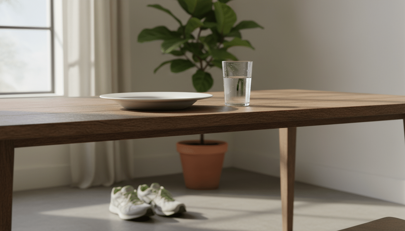 A serene kitchen setting, early morning light filtering through a large window, casting soft shadows on a rustic wooden dining table. In the foreground, a simple plate sits empty, suggesting absence of food, with a glass of water beside it. In the middle ground, a pair of running shoes rests on the floor, hinting at early morning training. A vibrant green plant is visible in the background, symbolizing vitality and health. The atmosphere feels warm and inviting, with a natural feel evoking a sense of calmness and focus. Capture this scene with a shallow depth of field, highlighting the empty plate while gently blurring the background, creating an intimate and relatable setting for athletes considering their training choices. A serene kitchen setting, early morning light filtering through a large window, casting soft shadows on a rustic wooden dining table. In the foreground, a simple plate sits empty, suggesting absence of food, with a glass of water beside it. In the middle ground, a pair of running shoes rests on the floor, hinting at early morning training. A vibrant green plant is visible in the background, symbolizing vitality and health. The atmosphere feels warm and inviting, with a natural feel evoking a sense of calmness and focus. Capture this scene with a shallow depth of field, highlighting the empty plate while gently blurring the background, creating an intimate and relatable setting for athletes considering their training choices.