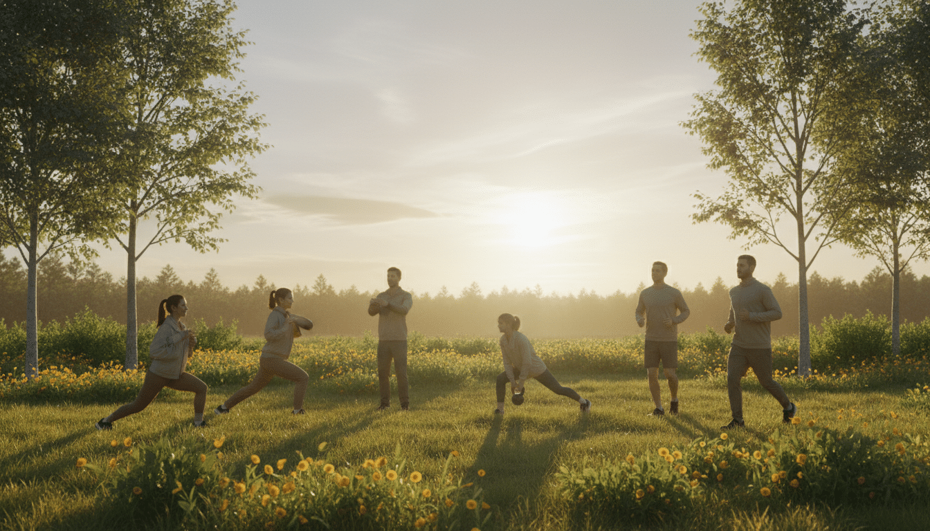 A serene outdoor setting during golden hour, capturing the essence of "fat oxidation" in a warm, inviting atmosphere. In the foreground, a diverse group of individuals in modest athletic wear are engaged in various workouts, demonstrating movement and energy, emphasizing a sense of vitality. The middle ground features a healthy, vibrant landscape with lush greenery, infusing a natural feel, while a slight breeze rustles the leaves. In the background, a soft, sunlit horizon creates a feeling of openness and possibility. The lighting is soft and warm with golden sunlight filtering through the trees, casting gentle shadows. The overall mood is motivational and uplifting, inspiring viewers to embrace the benefits of dynamic fasted workouts as part of a healthy lifestyle. A serene outdoor setting during golden hour, capturing the essence of "fat oxidation" in a warm, inviting atmosphere. In the foreground, a diverse group of individuals in modest athletic wear are engaged in various workouts, demonstrating movement and energy, emphasizing a sense of vitality. The middle ground features a healthy, vibrant landscape with lush greenery, infusing a natural feel, while a slight breeze rustles the leaves. In the background, a soft, sunlit horizon creates a feeling of openness and possibility. The lighting is soft and warm with golden sunlight filtering through the trees, casting gentle shadows. The overall mood is motivational and uplifting, inspiring viewers to embrace the benefits of dynamic fasted workouts as part of a healthy lifestyle.