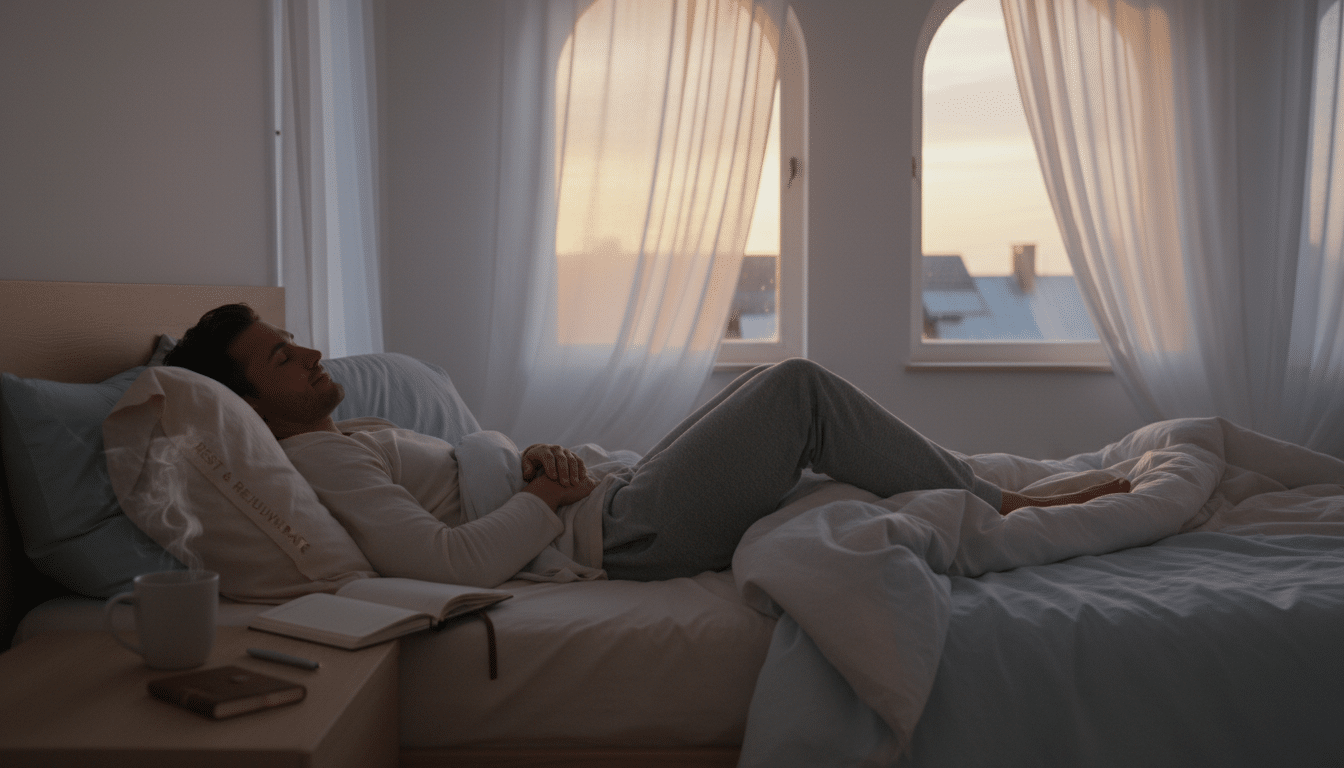 A tranquil scene depicting a cozy bedroom at dusk, emphasizing the beauty of restful sleep. In the foreground, a serene figure of an athlete, dressed in comfortable, modest loungewear, peacefully sleeping in a well-made bed adorned with soft, pastel-colored linens. The middle ground features a bedside table with a steaming mug of herbal tea and a journal, symbolizing relaxation and focus. In the background, large windows reveal a soft, glowing sunset outside, casting warm golden light that filters through sheer curtains, creating a calm and inviting atmosphere. The overall mood is one of serenity, highlighting the importance of rest for optimal performance, promoting a caffeine-free approach to energy through the essence of sleep. A tranquil scene depicting a cozy bedroom at dusk, emphasizing the beauty of restful sleep. In the foreground, a serene figure of an athlete, dressed in comfortable, modest loungewear, peacefully sleeping in a well-made bed adorned with soft, pastel-colored linens. The middle ground features a bedside table with a steaming mug of herbal tea and a journal, symbolizing relaxation and focus. In the background, large windows reveal a soft, glowing sunset outside, casting warm golden light that filters through sheer curtains, creating a calm and inviting atmosphere. The overall mood is one of serenity, highlighting the importance of rest for optimal performance, promoting a caffeine-free approach to energy through the essence of sleep.