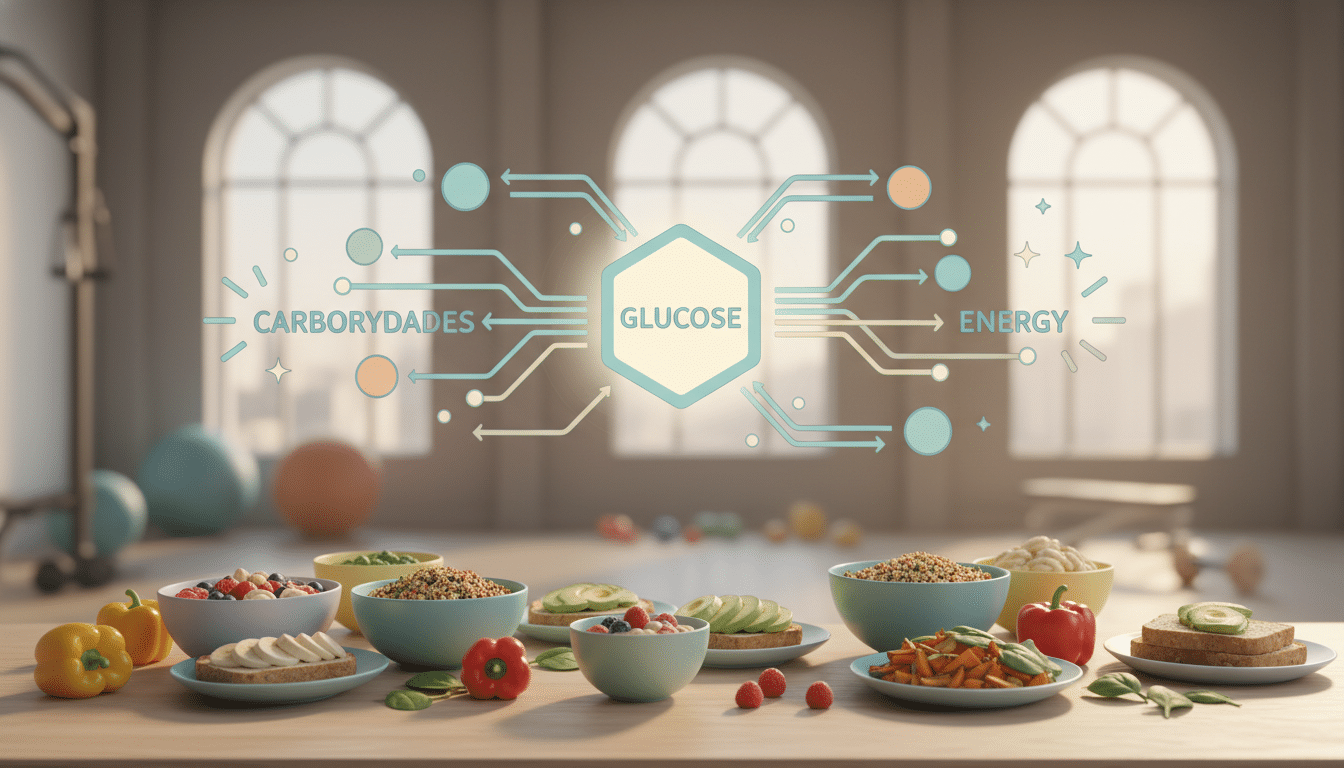 A vibrant and informative scene illustrating the concept of carbohydrates supplying glucose for energy. In the foreground, a table laden with an array of colorful pre-workout meals, including whole grains, fruits, and vegetables, radiating freshness. The middle ground features an animated diagram showcasing a biochemical representation of carbohydrates converting into glucose, emphasizing flow and movement. In the background, a serene and inviting gym environment with natural light streaming in through large windows, casting soft shadows. The image is captured with a shallow depth of field to keep focus on the meals and diagram while blurring the gym surroundings. The overall atmosphere is warm and encouraging, designed to inspire athletes to consider the importance of meal timing for optimal endurance performance. A vibrant and informative scene illustrating the concept of carbohydrates supplying glucose for energy. In the foreground, a table laden with an array of colorful pre-workout meals, including whole grains, fruits, and vegetables, radiating freshness. The middle ground features an animated diagram showcasing a biochemical representation of carbohydrates converting into glucose, emphasizing flow and movement. In the background, a serene and inviting gym environment with natural light streaming in through large windows, casting soft shadows. The image is captured with a shallow depth of field to keep focus on the meals and diagram while blurring the gym surroundings. The overall atmosphere is warm and encouraging, designed to inspire athletes to consider the importance of meal timing for optimal endurance performance.
