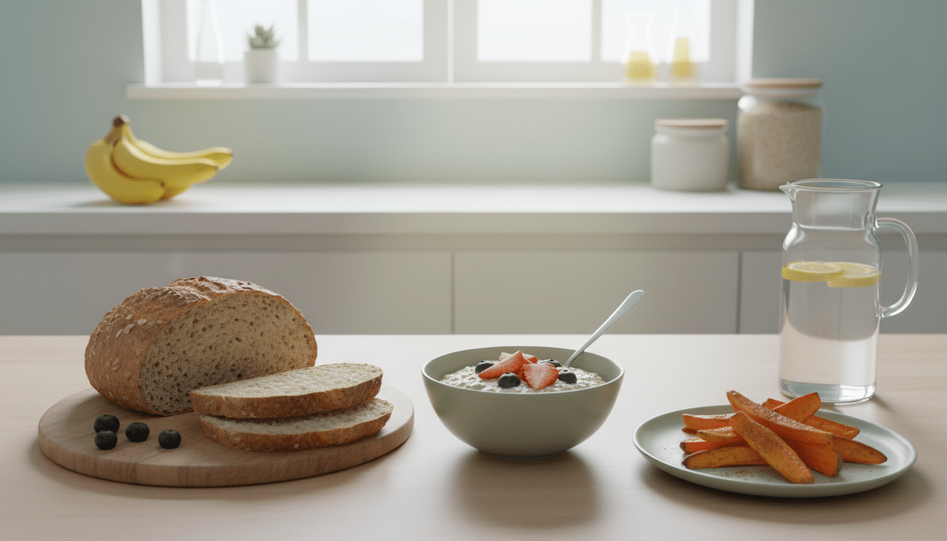 A vibrant and inviting kitchen scene featuring a variety of carbohydrate-rich foods ideal for pre-workout meals. In the foreground, a wooden table is adorned with a colorful spread of whole grain bread, a bowl of oatmeal topped with fresh fruits, and a plate of sweet potatoes, all beautifully arranged. In the middle ground, natural light streams in through a window, highlighting the textures of the foods and creating a warm atmosphere. The background reveals fresh ingredients like bananas, rice, and a pitcher of water, emphasizing the array of options for fueling energy before an early game. Focused soft lighting enhances the inviting mood, creating a sense of readiness and health. A vibrant and inviting kitchen scene featuring a variety of carbohydrate-rich foods ideal for pre-workout meals. In the foreground, a wooden table is adorned with a colorful spread of whole grain bread, a bowl of oatmeal topped with fresh fruits, and a plate of sweet potatoes, all beautifully arranged. In the middle ground, natural light streams in through a window, highlighting the textures of the foods and creating a warm atmosphere. The background reveals fresh ingredients like bananas, rice, and a pitcher of water, emphasizing the array of options for fueling energy before an early game. Focused soft lighting enhances the inviting mood, creating a sense of readiness and health.