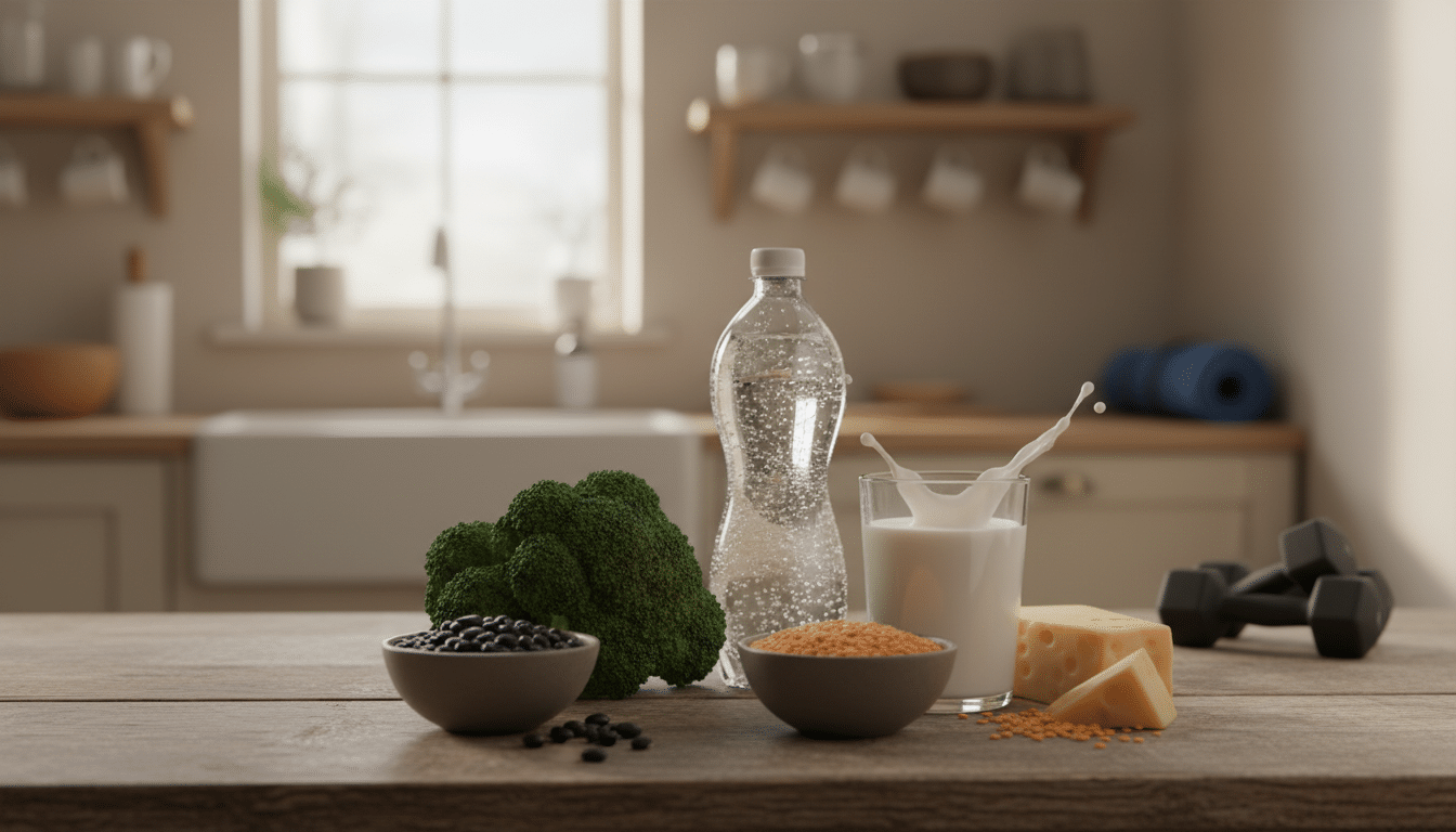 A vibrant, artistic display of common foods known to cause bloating before workouts, prominently featured in the foreground. Include a variety of foods such as broccoli, beans, lentils, carbonated drinks, and dairy products, arranged attractively on a rustic wooden table. The middle ground should show a soft focus kitchen environment, with warm lighting creating an inviting atmosphere. In the background, blurred silhouettes of fitness gear, like yoga mats and dumbbells, subtly hint at the workout theme. The overall mood is warm and natural, suggesting a cozy home setting with a sense of caution regarding pre-workout nutrition. Use a realistic lens effect to enhance the clarity of the food items, emphasizing their textures and colors without any text or distractions. A vibrant, artistic display of common foods known to cause bloating before workouts, prominently featured in the foreground. Include a variety of foods such as broccoli, beans, lentils, carbonated drinks, and dairy products, arranged attractively on a rustic wooden table. The middle ground should show a soft focus kitchen environment, with warm lighting creating an inviting atmosphere. In the background, blurred silhouettes of fitness gear, like yoga mats and dumbbells, subtly hint at the workout theme. The overall mood is warm and natural, suggesting a cozy home setting with a sense of caution regarding pre-workout nutrition. Use a realistic lens effect to enhance the clarity of the food items, emphasizing their textures and colors without any text or distractions.