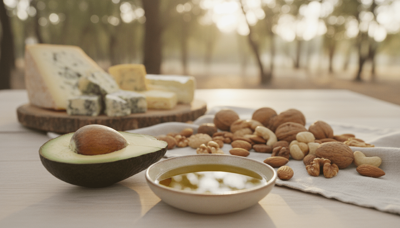 A vibrant display of high-fat foods elegantly arranged on a wooden table, capturing the essence of indulgence. In the foreground, a creamy avocado sliced open, showcasing its rich texture, alongside a small bowl of glossy olive oil, glistening under soft, warm lighting. In the middle, a selection of assorted nuts, including almonds and walnuts, spills over a rustic cloth, their surfaces catching the light. Behind, gently blurred, a platter of delectable cheeses, speckled with herbs, adds depth to the scene. The background features a natural setting with soft, diffused sunlight filtering through trees, creating an inviting and warm atmosphere, emphasizing the richness of these foods while providing a clear distinction against the soft, earthy tones of the environment. A vibrant display of high-fat foods elegantly arranged on a wooden table, capturing the essence of indulgence. In the foreground, a creamy avocado sliced open, showcasing its rich texture, alongside a small bowl of glossy olive oil, glistening under soft, warm lighting. In the middle, a selection of assorted nuts, including almonds and walnuts, spills over a rustic cloth, their surfaces catching the light. Behind, gently blurred, a platter of delectable cheeses, speckled with herbs, adds depth to the scene. The background features a natural setting with soft, diffused sunlight filtering through trees, creating an inviting and warm atmosphere, emphasizing the richness of these foods while providing a clear distinction against the soft, earthy tones of the environment.