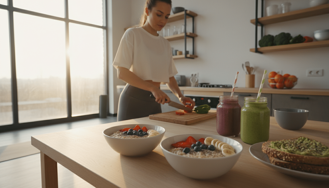 A vibrant, energetic kitchen scene at dawn, filled with warm, inviting natural light streaming in through a large window. In the foreground, a beautifully arranged breakfast table with colorful, nutrient-packed pre-workout meals—bowls of oatmeal topped with fruits, smoothies in mason jars, and whole grain toast with avocado. In the middle, a person in modest athletic clothing energetically preparing a meal, looking focused and motivated. The background features a well-organized kitchen with fresh ingredients, such as vegetables and fruits, highlighting a sense of preparation and commitment. The atmosphere conveys a feeling of health, vitality, and readiness for double training sessions, evoking a sense of holistic well-being and balance. The angle captures both the person and the delicious spread, emphasizing a connection between nutrition and energy. A vibrant, energetic kitchen scene at dawn, filled with warm, inviting natural light streaming in through a large window. In the foreground, a beautifully arranged breakfast table with colorful, nutrient-packed pre-workout meals—bowls of oatmeal topped with fruits, smoothies in mason jars, and whole grain toast with avocado. In the middle, a person in modest athletic clothing energetically preparing a meal, looking focused and motivated. The background features a well-organized kitchen with fresh ingredients, such as vegetables and fruits, highlighting a sense of preparation and commitment. The atmosphere conveys a feeling of health, vitality, and readiness for double training sessions, evoking a sense of holistic well-being and balance. The angle captures both the person and the delicious spread, emphasizing a connection between nutrition and energy.