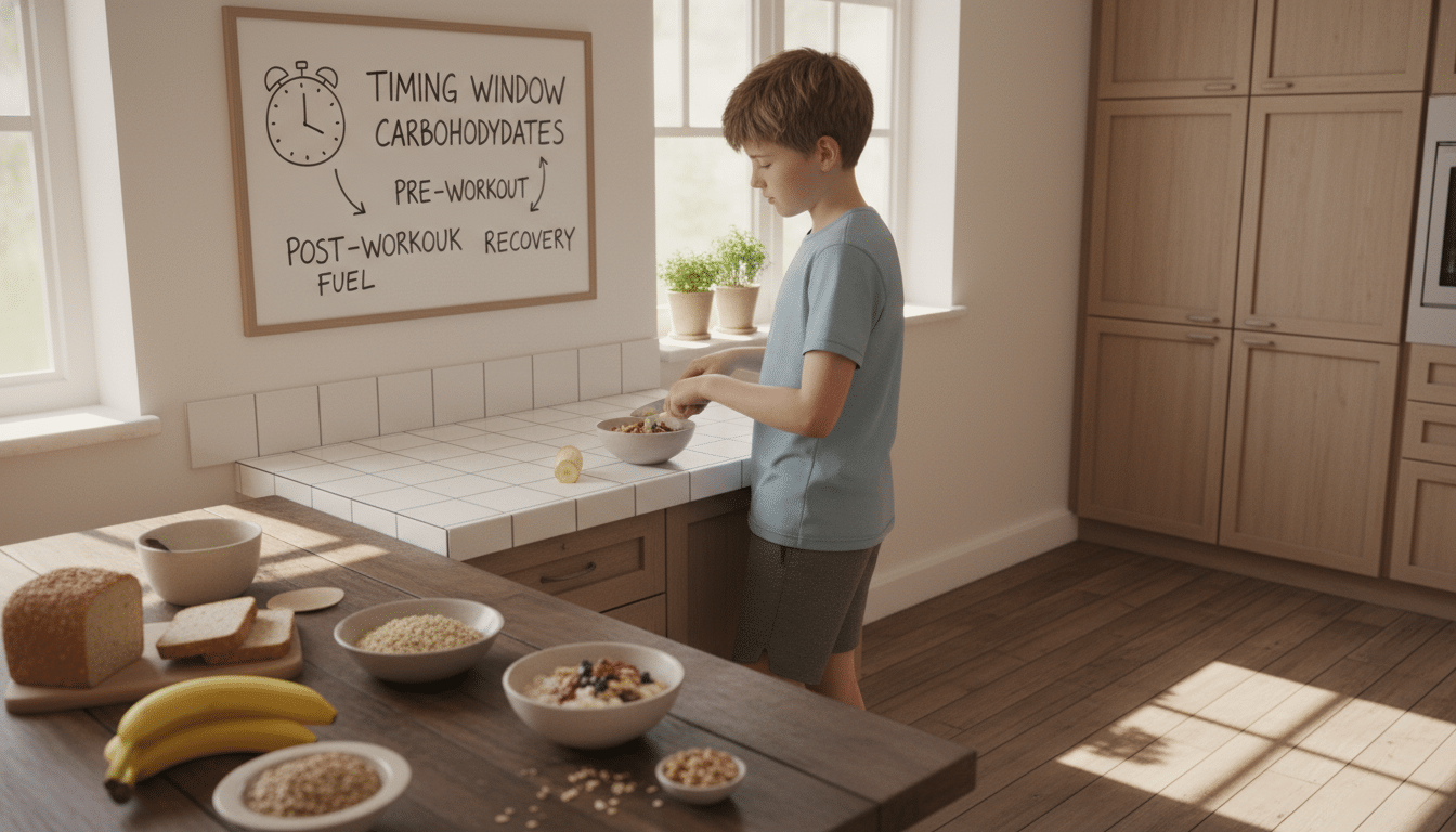 A vibrant, informative scene illustrating "timing window carbohydrates" for youth athletes. In the foreground, display a variety of healthy carbohydrate-rich foods such as whole grain bread, quinoa, bananas, and oatmeal, arranged on a rustic wooden table. In the middle ground, show a bright, well-organized kitchen with a young athlete in modest, casual sports attire preparing a pre-workout meal, focused and engaged. The background should feature natural light streaming in through a window, casting soft, warm tones across the room, enhancing the welcoming atmosphere. The image should evoke a sense of energy and readiness, with a hint of excitement for the upcoming workout. Be sure to create depth with a slightly angled perspective, emphasizing the foreground foods while capturing the busy yet inviting environment. A vibrant, informative scene illustrating "timing window carbohydrates" for youth athletes. In the foreground, display a variety of healthy carbohydrate-rich foods such as whole grain bread, quinoa, bananas, and oatmeal, arranged on a rustic wooden table. In the middle ground, show a bright, well-organized kitchen with a young athlete in modest, casual sports attire preparing a pre-workout meal, focused and engaged. The background should feature natural light streaming in through a window, casting soft, warm tones across the room, enhancing the welcoming atmosphere. The image should evoke a sense of energy and readiness, with a hint of excitement for the upcoming workout. Be sure to create depth with a slightly angled perspective, emphasizing the foreground foods while capturing the busy yet inviting environment.