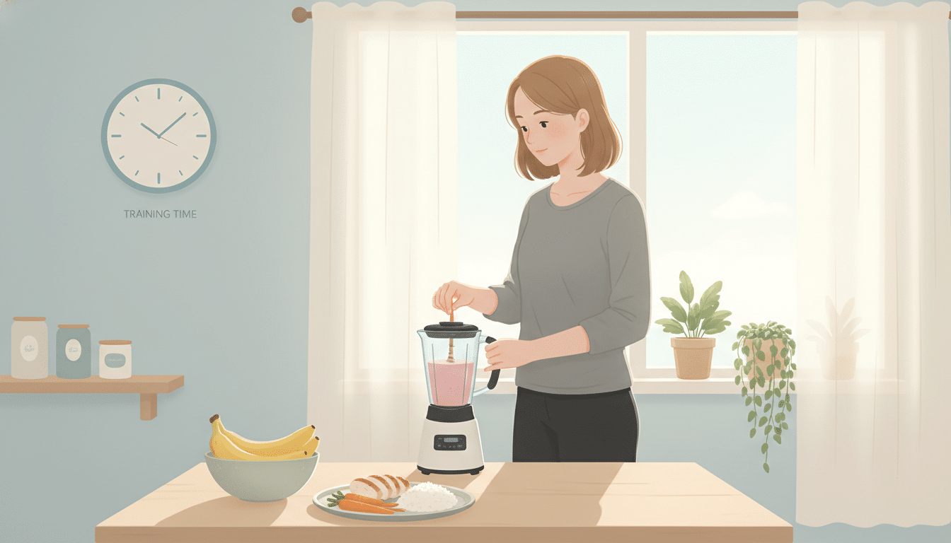 A vibrant kitchen scene showcasing a well-organized pre-workout meal prep for training. In the foreground, a wooden table displays a balanced, low-fiber meal, including grilled chicken, steamed carrots, and white rice, with a bowl of bananas nearby. A clock on the wall indicates a time just before a workout, emphasizing meal timing. In the middle, a fitness enthusiast in modest casual clothing stirs a smoothie in a blender, displaying focus and energy. The background features soft, natural lighting filtering through a window adorned with greenery, creating a warm and inviting atmosphere. The overall mood is motivational and encouraging, ideal for promoting a healthy training routine. A vibrant kitchen scene showcasing a well-organized pre-workout meal prep for training. In the foreground, a wooden table displays a balanced, low-fiber meal, including grilled chicken, steamed carrots, and white rice, with a bowl of bananas nearby. A clock on the wall indicates a time just before a workout, emphasizing meal timing. In the middle, a fitness enthusiast in modest casual clothing stirs a smoothie in a blender, displaying focus and energy. The background features soft, natural lighting filtering through a window adorned with greenery, creating a warm and inviting atmosphere. The overall mood is motivational and encouraging, ideal for promoting a healthy training routine.