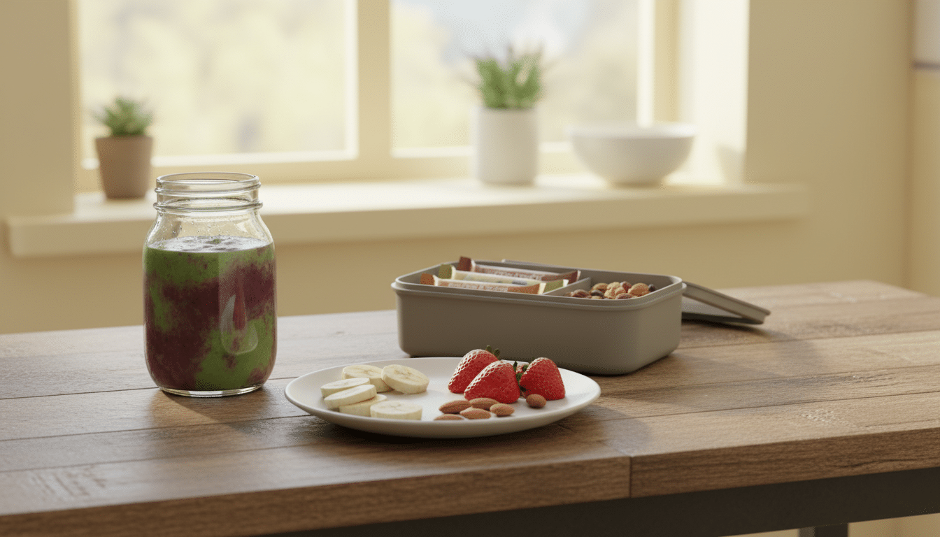 A vibrant pre-practice snack setup on a rustic wooden table, featuring an assortment of colorful fruits like sliced bananas, strawberries, and a handful of almonds on a clean, white plate. In the foreground, a mason jar filled with a refreshing smoothie, its contents swirling in shades of green and purple, catches the eye. The middle ground showcases a stylish, portable snack container, slightly open to reveal energy bars and trail mix. The background is softly blurred, hinting at a sunlit kitchen with warm natural light streaming through a window, creating a cozy atmosphere. The overall mood is inviting and energizing, perfect for fueling after-school athletes. A vibrant pre-practice snack setup on a rustic wooden table, featuring an assortment of colorful fruits like sliced bananas, strawberries, and a handful of almonds on a clean, white plate. In the foreground, a mason jar filled with a refreshing smoothie, its contents swirling in shades of green and purple, catches the eye. The middle ground showcases a stylish, portable snack container, slightly open to reveal energy bars and trail mix. The background is softly blurred, hinting at a sunlit kitchen with warm natural light streaming through a window, creating a cozy atmosphere. The overall mood is inviting and energizing, perfect for fueling after-school athletes.