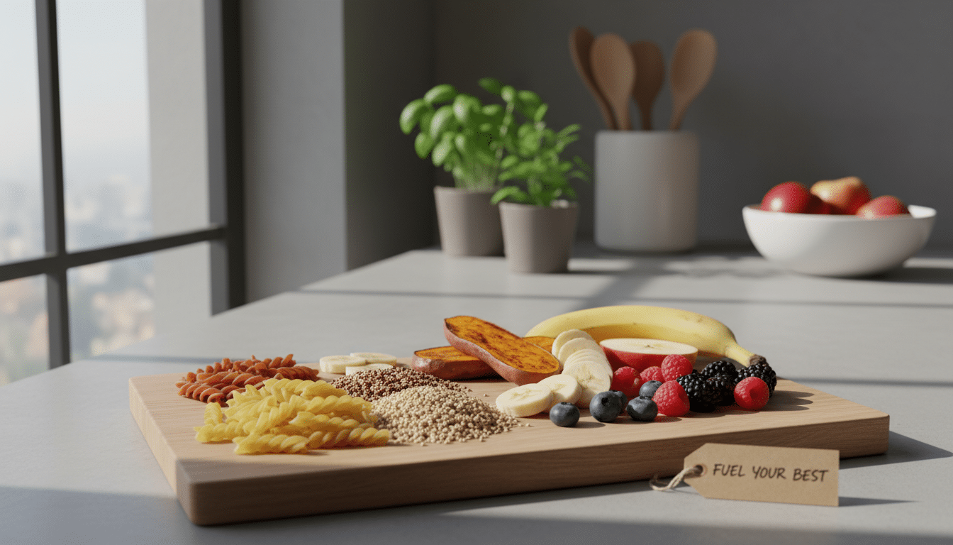 A visually appealing arrangement of various carbohydrate-rich foods, such as whole grain pasta, brown rice, quinoa, sweet potatoes, and a medley of colorful fruits like bananas, apples, and berries. The foreground features a vibrant wooden cutting board with these items artfully arranged, reflecting a healthy pre-workout meal. In the middle, gentle sunlight streams through a nearby window, casting soft shadows over the food, highlighting their textures and colors. The background showcases a blurred kitchen scene, with plants and cooking utensils, creating a warm, inviting atmosphere. Capture the essence of nutrition timing for athletes, emphasizing fresh, wholesome ingredients while maintaining a clean and professional look. The overall mood should be energetic yet calm, inspiring healthy eating habits. A visually appealing arrangement of various carbohydrate-rich foods, such as whole grain pasta, brown rice, quinoa, sweet potatoes, and a medley of colorful fruits like bananas, apples, and berries. The foreground features a vibrant wooden cutting board with these items artfully arranged, reflecting a healthy pre-workout meal. In the middle, gentle sunlight streams through a nearby window, casting soft shadows over the food, highlighting their textures and colors. The background showcases a blurred kitchen scene, with plants and cooking utensils, creating a warm, inviting atmosphere. Capture the essence of nutrition timing for athletes, emphasizing fresh, wholesome ingredients while maintaining a clean and professional look. The overall mood should be energetic yet calm, inspiring healthy eating habits.