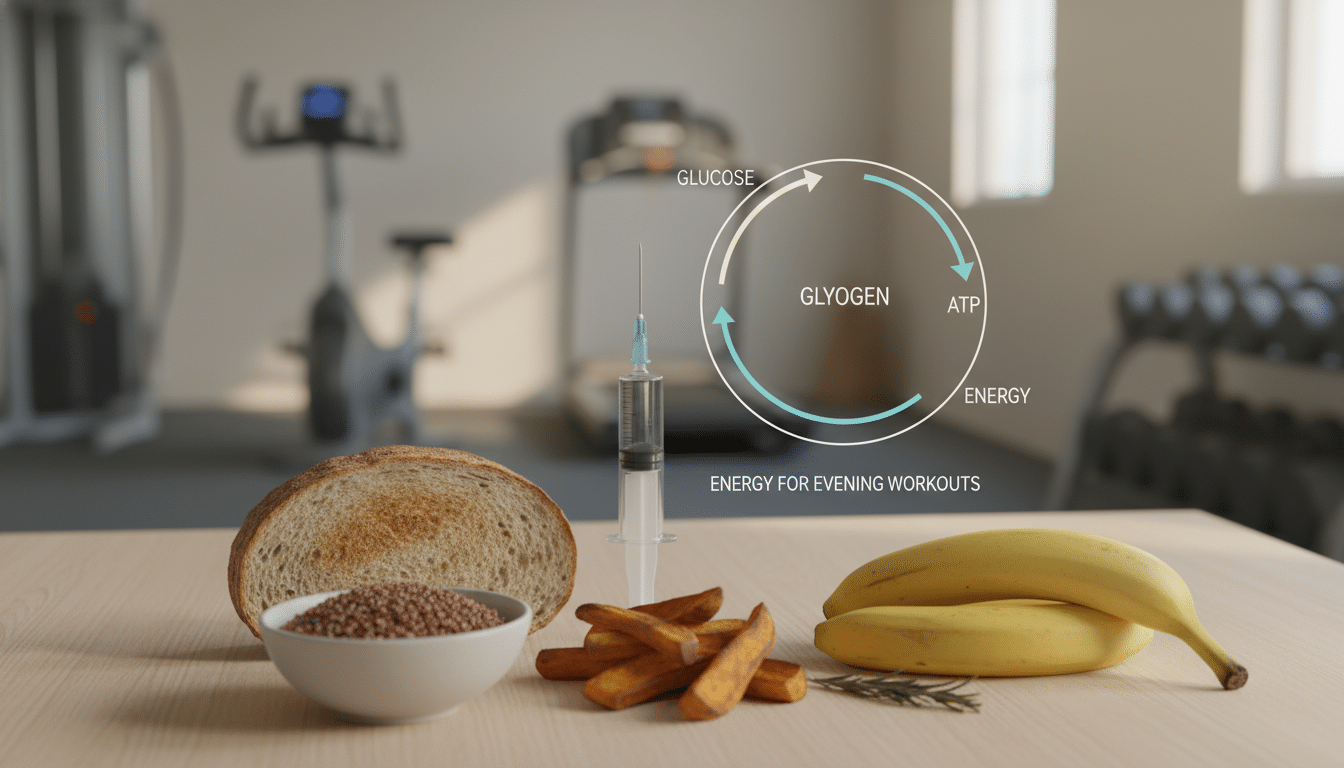 A visually captivating representation of carbohydrates and glycogen as energy sources for evening workouts. In the foreground, an array of healthy, nutrient-dense foods like whole grain bread, quinoa, bananas, and sweet potatoes arranged aesthetically. The middle layer features a syringe and a metabolic cycle diagram illustrating glycogen storage and utilization, emphasizing the scientific aspect of energy release. In the background, a softly lit gym setting with exercise equipment, hinting at an inviting atmosphere conducive to workouts. Warm, natural lighting creates a cozy ambiance, while the angle captures a slight overhead view, bringing focus to the foreground foods. The overall setting exudes a balance of health, strength, and energy, perfect for fueling evening workout performances. A visually captivating representation of carbohydrates and glycogen as energy sources for evening workouts. In the foreground, an array of healthy, nutrient-dense foods like whole grain bread, quinoa, bananas, and sweet potatoes arranged aesthetically. The middle layer features a syringe and a metabolic cycle diagram illustrating glycogen storage and utilization, emphasizing the scientific aspect of energy release. In the background, a softly lit gym setting with exercise equipment, hinting at an inviting atmosphere conducive to workouts. Warm, natural lighting creates a cozy ambiance, while the angle captures a slight overhead view, bringing focus to the foreground foods. The overall setting exudes a balance of health, strength, and energy, perfect for fueling evening workout performances.