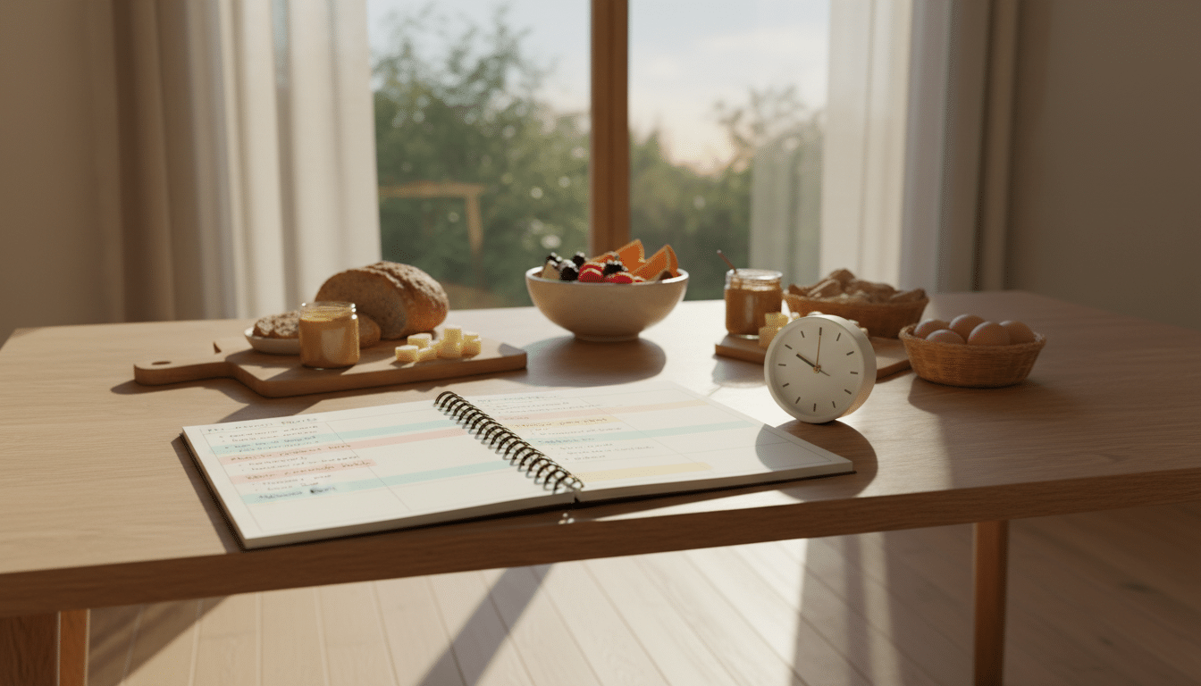 A warm and inviting kitchen setting filled with natural light, showcasing a beautifully arranged table. In the foreground, an open planner filled with colorful meal and snack ideas for pre- and post-practice fueling, with a clock subtly placed beside it, emphasizing the concept of time management. In the middle ground, fresh fruits, whole grains, and protein-rich snacks are artfully displayed, inviting energy and nourishment. The background features a window with soft sunlight streaming through, casting gentle shadows, creating a cozy atmosphere. The entire scene is set from a slight angle to capture depth, enhancing the inviting and motivational mood, perfect for inspiring effective after-school fueling strategies. A warm and inviting kitchen setting filled with natural light, showcasing a beautifully arranged table. In the foreground, an open planner filled with colorful meal and snack ideas for pre- and post-practice fueling, with a clock subtly placed beside it, emphasizing the concept of time management. In the middle ground, fresh fruits, whole grains, and protein-rich snacks are artfully displayed, inviting energy and nourishment. The background features a window with soft sunlight streaming through, casting gentle shadows, creating a cozy atmosphere. The entire scene is set from a slight angle to capture depth, enhancing the inviting and motivational mood, perfect for inspiring effective after-school fueling strategies.