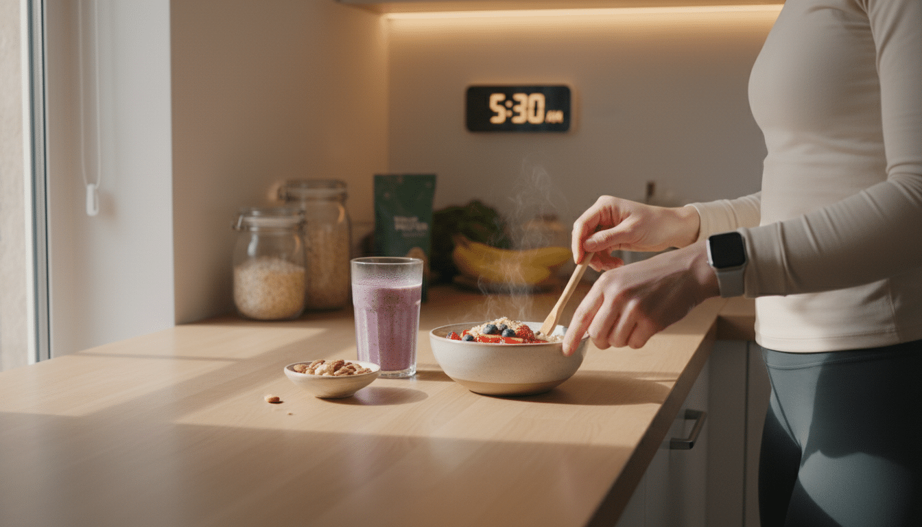 A warm, inviting kitchen scene featuring a well-lit countertop with a variety of pre-workout meal options, such as a bowl of oatmeal topped with fruits, a smoothie in a glass, and a small dish of nuts. In the foreground, a person is stirring the oatmeal with a wooden spoon, dressed in modest, casual athletic wear. The middle ground includes a digital clock on the wall, set to a time reflecting pre-workout timing, creating a sense of urgency. The background is softly blurred, showcasing nutritious ingredients like bananas, protein powder, and vegetables, with natural daylight streaming in from a nearby window. The atmosphere feels energizing yet relaxed, emphasizing the importance of meal timing before training. A warm, inviting kitchen scene featuring a well-lit countertop with a variety of pre-workout meal options, such as a bowl of oatmeal topped with fruits, a smoothie in a glass, and a small dish of nuts. In the foreground, a person is stirring the oatmeal with a wooden spoon, dressed in modest, casual athletic wear. The middle ground includes a digital clock on the wall, set to a time reflecting pre-workout timing, creating a sense of urgency. The background is softly blurred, showcasing nutritious ingredients like bananas, protein powder, and vegetables, with natural daylight streaming in from a nearby window. The atmosphere feels energizing yet relaxed, emphasizing the importance of meal timing before training.