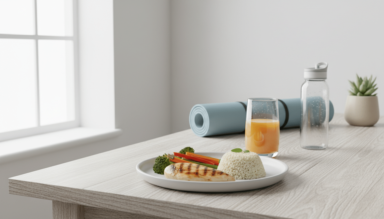 A well-lit kitchen scene showcasing a nutritious pre-workout meal. In the foreground, a vibrant plate filled with grilled chicken breast, quinoa, and a colorful medley of steamed vegetables, artfully arranged to invite appetite. In the middle ground, a glass of fresh orange juice with condensation, highlighting hydration. The background features a rustic wooden table with workout gear, such as a yoga mat and water bottle, subtly placed to imply an upcoming training session. Soft, natural light filters through a nearby window, casting warm tones that evoke a cozy atmosphere. The overall mood is inviting and energizing, perfect for fueling an active lifestyle. A well-lit kitchen scene showcasing a nutritious pre-workout meal. In the foreground, a vibrant plate filled with grilled chicken breast, quinoa, and a colorful medley of steamed vegetables, artfully arranged to invite appetite. In the middle ground, a glass of fresh orange juice with condensation, highlighting hydration. The background features a rustic wooden table with workout gear, such as a yoga mat and water bottle, subtly placed to imply an upcoming training session. Soft, natural light filters through a nearby window, casting warm tones that evoke a cozy atmosphere. The overall mood is inviting and energizing, perfect for fueling an active lifestyle.