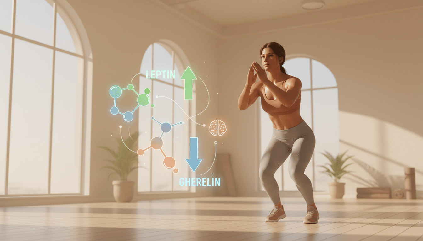 A serene gym environment showcasing a fit individual engaging in high-intensity training, depicted in the foreground. The person, dressed in comfortable sportswear, is performing an exercise, demonstrating effort and focus. In the middle ground, include visual representations of hunger hormones, like illustrated molecular structures or arrows indicating changes in hormone levels, gently blending into the scene. The background should feature large windows with soft, natural light streaming in, creating an inviting warm atmosphere. Use a slightly elevated angle to capture the full scene, emphasizing the connection between exercise and biological responses. The overall mood is energetic yet calm, highlighting the science of appetite regulation after intense training. A serene gym environment showcasing a fit individual engaging in high-intensity training, depicted in the foreground. The person, dressed in comfortable sportswear, is performing an exercise, demonstrating effort and focus. In the middle ground, include visual representations of hunger hormones, like illustrated molecular structures or arrows indicating changes in hormone levels, gently blending into the scene. The background should feature large windows with soft, natural light streaming in, creating an inviting warm atmosphere. Use a slightly elevated angle to capture the full scene, emphasizing the connection between exercise and biological responses. The overall mood is energetic yet calm, highlighting the science of appetite regulation after intense training.