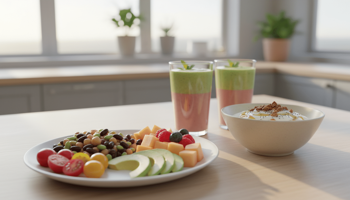 A vibrant, healthy post-workout meal scene featuring a variety of quick, no-cook recovery foods. In the foreground, a beautifully arranged plate includes a colorful mixed bean salad, bright cherry tomatoes, sliced avocado, and a refreshing fruit medley with berries and melon. In the middle, a wooden table displays nutrient-rich smoothies in clear glasses and an elegant bowl of yogurt topped with granola and honey. The background shows a sunlit kitchen, with green plants adding a fresh touch. Soft, warm lighting enhances the inviting atmosphere, and the image is captured with a shallow depth of field to focus on the meal, creating a warm and natural feel. The overall mood is energetic and revitalizing, perfect for athletes embracing quick recovery nutrition. A vibrant, healthy post-workout meal scene featuring a variety of quick, no-cook recovery foods. In the foreground, a beautifully arranged plate includes a colorful mixed bean salad, bright cherry tomatoes, sliced avocado, and a refreshing fruit medley with berries and melon. In the middle, a wooden table displays nutrient-rich smoothies in clear glasses and an elegant bowl of yogurt topped with granola and honey. The background shows a sunlit kitchen, with green plants adding a fresh touch. Soft, warm lighting enhances the inviting atmosphere, and the image is captured with a shallow depth of field to focus on the meal, creating a warm and natural feel. The overall mood is energetic and revitalizing, perfect for athletes embracing quick recovery nutrition.