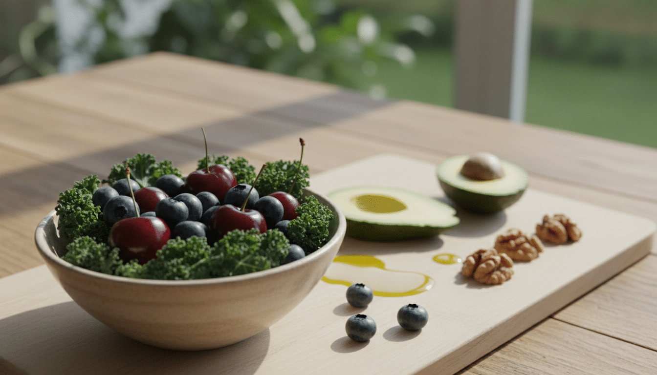 A vibrant, nourishing display of anti-inflammatory foods ideal for athletes, featuring a variety of colorful ingredients on a rustic wooden table. In the foreground, a bowl overflowing with fresh blueberries, cherries, and vibrant kale. The middle section showcases sliced avocados, walnuts, and a drizzle of olive oil, artfully arranged. In the background, softly blurred, a natural setting with green plants and sunlight filtering through, creating a warm and inviting atmosphere. Use bright, natural lighting to highlight the textures and colors of the foods, emphasizing their freshness and appeal. Capture this scene from a high angle for an appealing presentation, evoking a sense of health and vitality perfect for athletic recovery. A vibrant, nourishing display of anti-inflammatory foods ideal for athletes, featuring a variety of colorful ingredients on a rustic wooden table. In the foreground, a bowl overflowing with fresh blueberries, cherries, and vibrant kale. The middle section showcases sliced avocados, walnuts, and a drizzle of olive oil, artfully arranged. In the background, softly blurred, a natural setting with green plants and sunlight filtering through, creating a warm and inviting atmosphere. Use bright, natural lighting to highlight the textures and colors of the foods, emphasizing their freshness and appeal. Capture this scene from a high angle for an appealing presentation, evoking a sense of health and vitality perfect for athletic recovery.