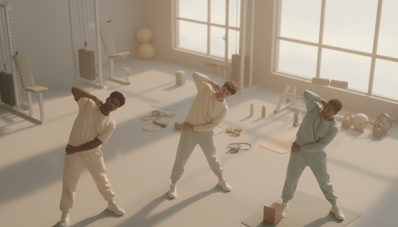 A visually engaging scene illustrating the concept of muscle soreness after exercise. In the foreground, a diverse group of three individuals in modest casual clothing engaged in light stretching exercises, showing expressions of mild discomfort yet determination. In the middle ground, a slightly blurred gym environment filled with fitness equipment, mats, and water bottles, creating a sense of realism. The background features soft, warm lighting that creates an inviting atmosphere, with sunlight filtering through large windows. The angle is slightly elevated, capturing both the individuals and the surrounding exercise space. Overall, the mood is one of resilience and warmth, emphasizing the natural journey of understanding muscle soreness while promoting a positive approach to recovery. A visually engaging scene illustrating the concept of muscle soreness after exercise. In the foreground, a diverse group of three individuals in modest casual clothing engaged in light stretching exercises, showing expressions of mild discomfort yet determination. In the middle ground, a slightly blurred gym environment filled with fitness equipment, mats, and water bottles, creating a sense of realism. The background features soft, warm lighting that creates an inviting atmosphere, with sunlight filtering through large windows. The angle is slightly elevated, capturing both the individuals and the surrounding exercise space. Overall, the mood is one of resilience and warmth, emphasizing the natural journey of understanding muscle soreness while promoting a positive approach to recovery.