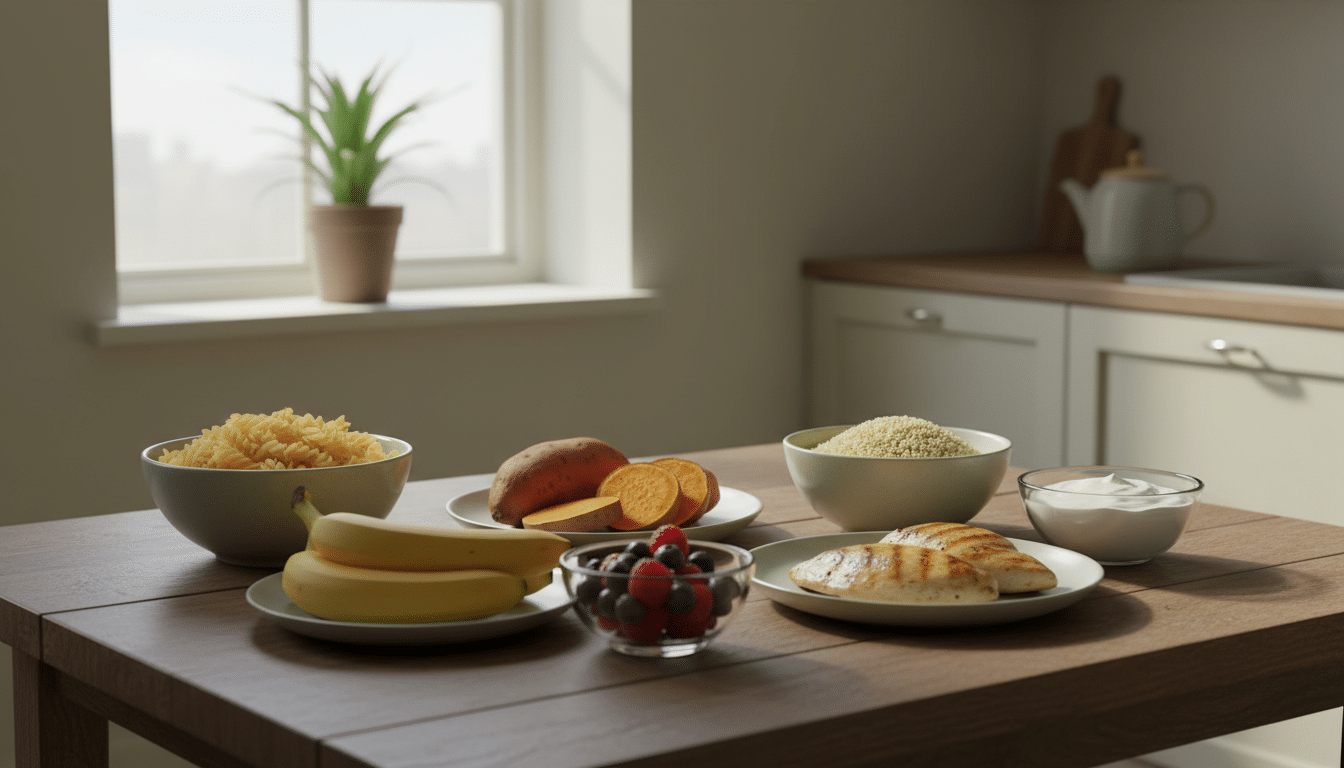 A warm, inviting kitchen scene showcasing a vibrant display of recovery nutrition essentials for athletes. In the foreground, an array of wholesome carbohydrate sources such as whole grain pasta, sweet potatoes, and colorful fruits like bananas and berries. Beside them, lean protein options like grilled chicken, quinoa, and a small bowl of Greek yogurt, all meticulously arranged on a rustic wooden table. In the middle ground, a bright window allows soft, natural light to illuminate the ingredients, casting gentle shadows that enhance the texture of the food. The background features a green plant and subtle kitchen elements that evoke a sense of comfort and home. The overall atmosphere is nourishing and energetic, reflecting the importance of these foods in an athlete's recovery journey. A warm, inviting kitchen scene showcasing a vibrant display of recovery nutrition essentials for athletes. In the foreground, an array of wholesome carbohydrate sources such as whole grain pasta, sweet potatoes, and colorful fruits like bananas and berries. Beside them, lean protein options like grilled chicken, quinoa, and a small bowl of Greek yogurt, all meticulously arranged on a rustic wooden table. In the middle ground, a bright window allows soft, natural light to illuminate the ingredients, casting gentle shadows that enhance the texture of the food. The background features a green plant and subtle kitchen elements that evoke a sense of comfort and home. The overall atmosphere is nourishing and energetic, reflecting the importance of these foods in an athlete's recovery journey.