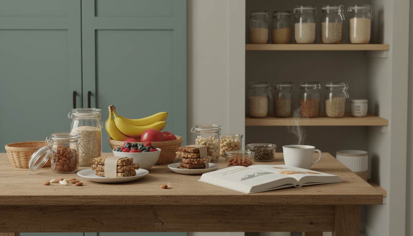 A cozy kitchen setting with a wooden table, featuring an array of healthy travel snacks laid out: colorful fruits like bananas, apples, and berries, alongside energy bars and nuts, organized in repurposed containers. In the background, a well-stocked pantry filled with whole grains and seeds hints at meal prep. Soft, warm lighting creates a welcoming atmosphere, highlighting a steaming cup of herbal tea on the table. A partially open cookbook displaying nutritious recipes adds an element of preparation. The scene evokes feelings of care and anticipation, emphasizing the importance of pre-trip nutrition planning for wellness during travel. A cozy kitchen setting with a wooden table, featuring an array of healthy travel snacks laid out: colorful fruits like bananas, apples, and berries, alongside energy bars and nuts, organized in repurposed containers. In the background, a well-stocked pantry filled with whole grains and seeds hints at meal prep. Soft, warm lighting creates a welcoming atmosphere, highlighting a steaming cup of herbal tea on the table. A partially open cookbook displaying nutritious recipes adds an element of preparation. The scene evokes feelings of care and anticipation, emphasizing the importance of pre-trip nutrition planning for wellness during travel.