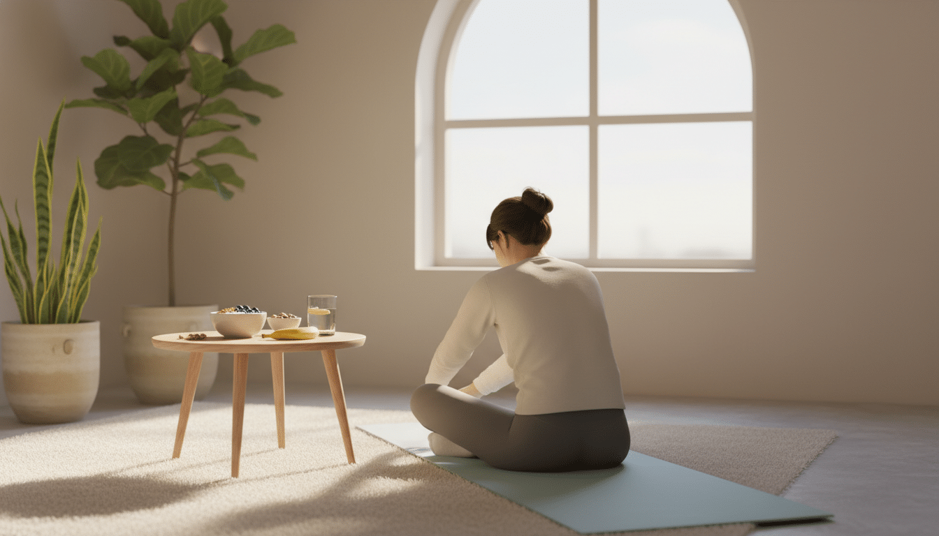 A serene indoor space designed for muscle recovery after evening training. In the foreground, a person engaged in post-workout recovery sits on a yoga mat, dressed in modest athletic attire, stretching gently. The middle ground features a small table with a colorful spread of nutrient-rich foods like bananas, yogurt, and nuts, emphasizing a healthy post-workout meal. Soft, warm lighting streams through a window, illuminating the room with a natural glow. In the background, potted plants add a touch of nature, creating a calm atmosphere. A subtle lens blur enhances focus on the recovery process while the overall mood is inviting and peaceful, reflecting the importance of relaxation and nourishment. A serene indoor space designed for muscle recovery after evening training. In the foreground, a person engaged in post-workout recovery sits on a yoga mat, dressed in modest athletic attire, stretching gently. The middle ground features a small table with a colorful spread of nutrient-rich foods like bananas, yogurt, and nuts, emphasizing a healthy post-workout meal. Soft, warm lighting streams through a window, illuminating the room with a natural glow. In the background, potted plants add a touch of nature, creating a calm atmosphere. A subtle lens blur enhances focus on the recovery process while the overall mood is inviting and peaceful, reflecting the importance of relaxation and nourishment.