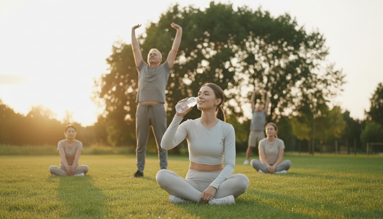 A serene outdoor fitness setting showcasing a diverse group of individuals engaged in a post-exercise recovery session. In the foreground, a young woman in modest athletic wear sits on the grass, appearing relaxed and contemplative, with a gentle smile, while sipping water from a bottle. In the middle ground, a middle-aged man stands, stretching his arms upwards while emitting a sense of rejuvenation, symbolizing hormonal changes. The background features lush green trees and a soft, golden-hued sunset casting a warm glow across the scene. The atmosphere is inviting and tranquil, with diffuse lighting that highlights the participants’ expressions of well-being. The image captures the positive effects of exercise on mood and appetite, emphasizing the importance of understanding these changes in a natural, harmonious environment. A serene outdoor fitness setting showcasing a diverse group of individuals engaged in a post-exercise recovery session. In the foreground, a young woman in modest athletic wear sits on the grass, appearing relaxed and contemplative, with a gentle smile, while sipping water from a bottle. In the middle ground, a middle-aged man stands, stretching his arms upwards while emitting a sense of rejuvenation, symbolizing hormonal changes. The background features lush green trees and a soft, golden-hued sunset casting a warm glow across the scene. The atmosphere is inviting and tranquil, with diffuse lighting that highlights the participants’ expressions of well-being. The image captures the positive effects of exercise on mood and appetite, emphasizing the importance of understanding these changes in a natural, harmonious environment.