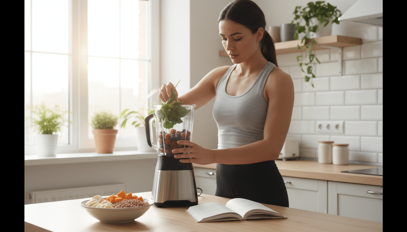 A vibrant and immersive scene showcasing the concept of muscle glycogen nutrition. In the foreground, a bowl of colorful, nutrient-rich foods such as bananas, sweet potatoes, and quinoa, symbolizing recovery meals, is artistically arranged. In the middle ground, a professional athlete in modest athletic wear, focused on preparing a post-workout smoothie, is blending ingredients like spinach and berries, highlighting the emphasis on nutrition. The background features a bright, sunlit kitchen with plants, conveying a warm and inviting atmosphere. Soft, natural lighting enhances the freshness of the food while capturing the essence of health and vitality. The overall mood is energetic and inspiring, encouraging healthy recovery practices after workouts. A vibrant and immersive scene showcasing the concept of muscle glycogen nutrition. In the foreground, a bowl of colorful, nutrient-rich foods such as bananas, sweet potatoes, and quinoa, symbolizing recovery meals, is artistically arranged. In the middle ground, a professional athlete in modest athletic wear, focused on preparing a post-workout smoothie, is blending ingredients like spinach and berries, highlighting the emphasis on nutrition. The background features a bright, sunlit kitchen with plants, conveying a warm and inviting atmosphere. Soft, natural lighting enhances the freshness of the food while capturing the essence of health and vitality. The overall mood is energetic and inspiring, encouraging healthy recovery practices after workouts.
