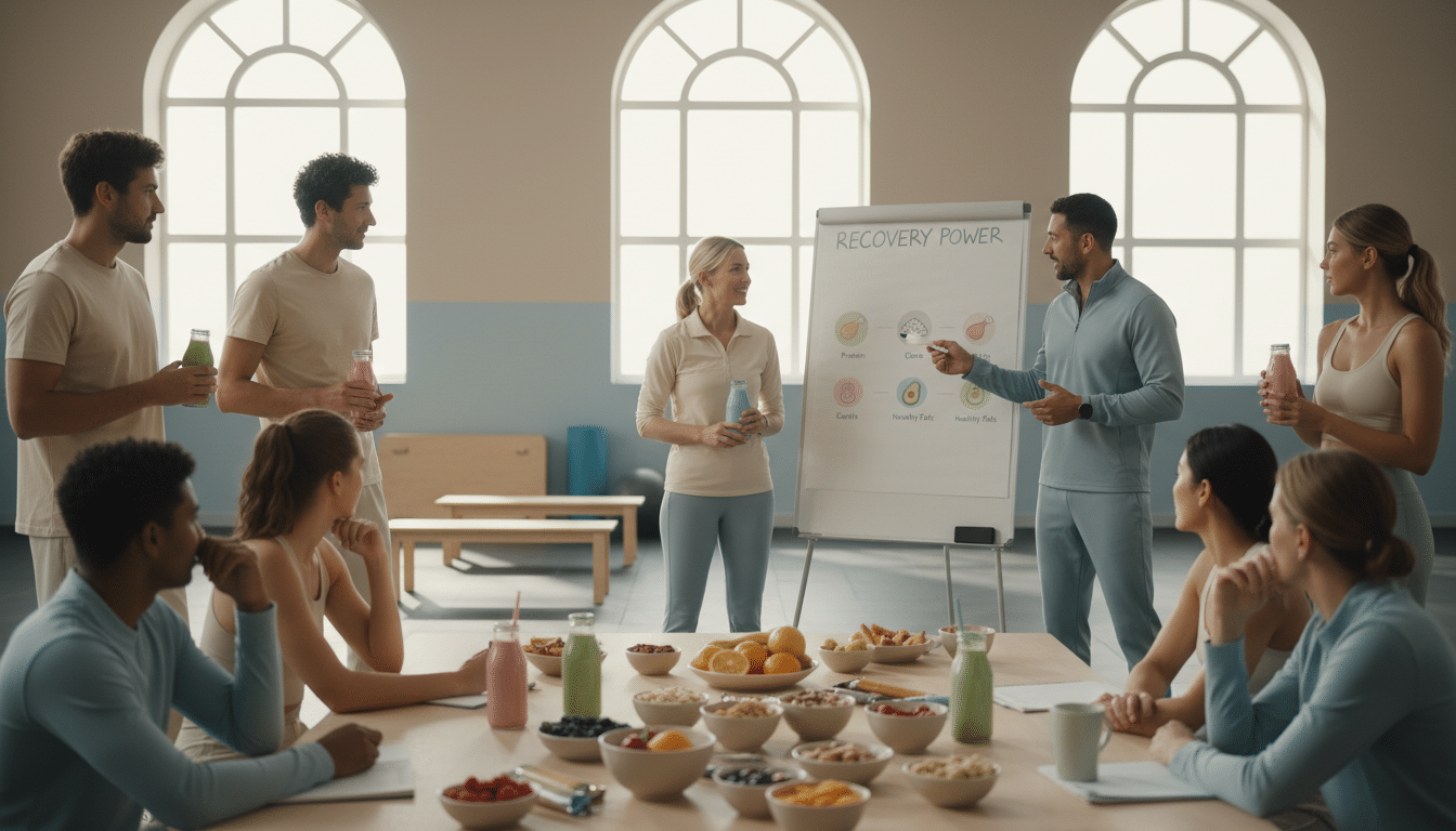 A vibrant and inviting scene depicting a busy athletic workspace, full of energy and focus. In the foreground, a diverse group of athletes in professional sportswear, engaged in preparation for their upcoming competitions, are surrounded by an array of colorful recovery foods like smoothies, fruit, nuts, and energy bars laid out on a large wooden table. In the middle ground, a coach or nutritionist is explaining the importance of recovery nutrition, showcasing a detailed chart of recovery foods. The background features a bright and airy gym facility with large windows letting in natural light, reflecting a sense of warmth and positivity. The overall atmosphere is dynamic and motivational, embodying the spirit of competitive sports and the critical importance of recovery. A vibrant and inviting scene depicting a busy athletic workspace, full of energy and focus. In the foreground, a diverse group of athletes in professional sportswear, engaged in preparation for their upcoming competitions, are surrounded by an array of colorful recovery foods like smoothies, fruit, nuts, and energy bars laid out on a large wooden table. In the middle ground, a coach or nutritionist is explaining the importance of recovery nutrition, showcasing a detailed chart of recovery foods. The background features a bright and airy gym facility with large windows letting in natural light, reflecting a sense of warmth and positivity. The overall atmosphere is dynamic and motivational, embodying the spirit of competitive sports and the critical importance of recovery.