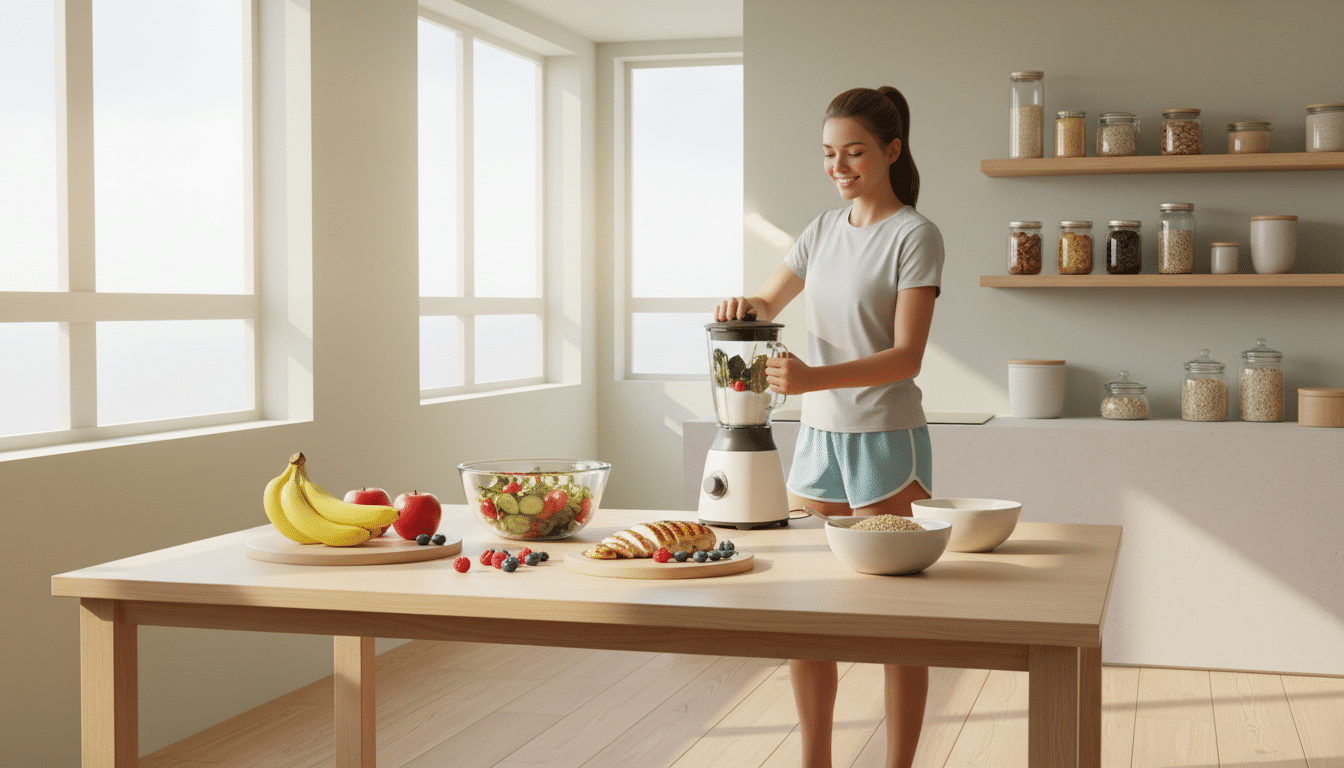 A vibrant, inviting kitchen scene showcasing balanced meals ideal for youth athletes' recovery and performance. In the foreground, a beautifully arranged wooden table displays nutritious options: colorful salads with greens, and bright tomatoes; grilled chicken breast; and a bowl of whole grains like quinoa. Fresh fruits—bananas, berries, and apples—add splashes of color nearby. In the middle ground, a cheerful young athlete in modest casual clothing prepares a smoothie, blending spinach with yogurt and fruits. Sunlight streams through large windows, creating a warm, natural glow that enhances the inviting atmosphere. The background features shelves filled with jars of nuts, seeds, and whole grain products, emphasizing a focus on wholesome ingredients. The composition captures a sense of health, vitality, and the importance of nutrition for athletic recovery. A vibrant, inviting kitchen scene showcasing balanced meals ideal for youth athletes' recovery and performance. In the foreground, a beautifully arranged wooden table displays nutritious options: colorful salads with greens, and bright tomatoes; grilled chicken breast; and a bowl of whole grains like quinoa. Fresh fruits—bananas, berries, and apples—add splashes of color nearby. In the middle ground, a cheerful young athlete in modest casual clothing prepares a smoothie, blending spinach with yogurt and fruits. Sunlight streams through large windows, creating a warm, natural glow that enhances the inviting atmosphere. The background features shelves filled with jars of nuts, seeds, and whole grain products, emphasizing a focus on wholesome ingredients. The composition captures a sense of health, vitality, and the importance of nutrition for athletic recovery.