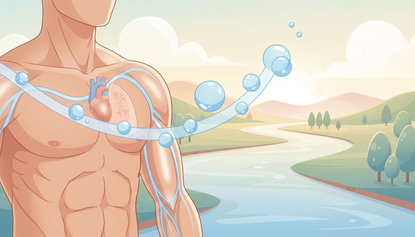 A visually engaging illustration of the essential role of water in body functions, focusing on hydration and recovery. In the foreground, feature a close-up of a human figure, showcasing muscles and veins in a hydrated state, reflecting vitality and energy. The middle ground should depict water molecules flowing through the veins, symbolizing circulation and nutrients, with droplets lingering around key organs like the heart and lungs. In the background, a serene landscape with a gentle river or stream, bathed in warm sunlight, evokes a natural and inviting atmosphere. Use soft, diffused lighting to enhance the inviting mood, with a slight upward angle to emphasize the flow of water connecting all elements, conveying a harmonious relationship between hydration and physical well-being. A visually engaging illustration of the essential role of water in body functions, focusing on hydration and recovery. In the foreground, feature a close-up of a human figure, showcasing muscles and veins in a hydrated state, reflecting vitality and energy. The middle ground should depict water molecules flowing through the veins, symbolizing circulation and nutrients, with droplets lingering around key organs like the heart and lungs. In the background, a serene landscape with a gentle river or stream, bathed in warm sunlight, evokes a natural and inviting atmosphere. Use soft, diffused lighting to enhance the inviting mood, with a slight upward angle to emphasize the flow of water connecting all elements, conveying a harmonious relationship between hydration and physical well-being.