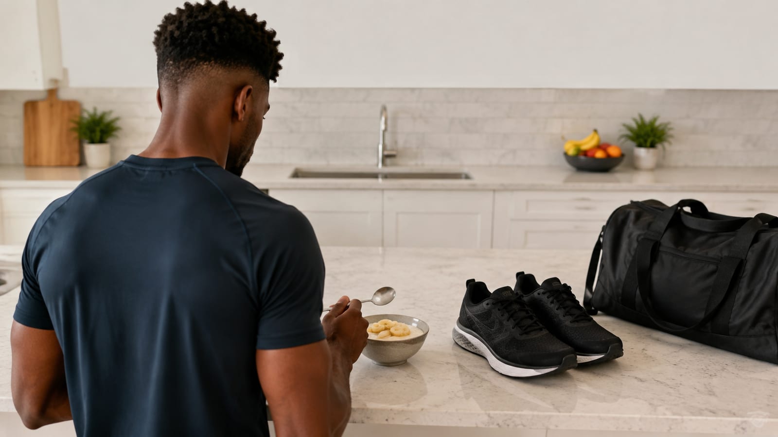 Athlete preparing a light pre-workout meal beside running shoes and a water bottle